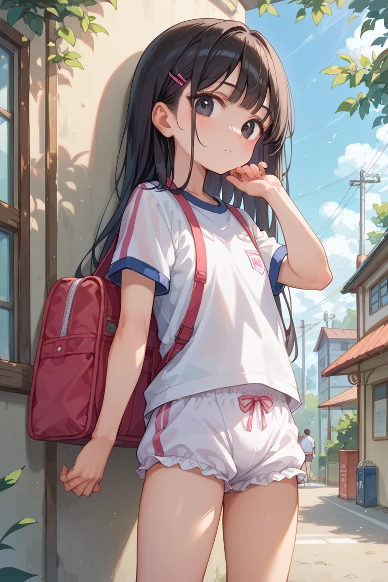 16k,1girl,12歳,very cute,black hair,twintail,(((thin twintail))),long hair,black eyes,small breast,white background,blush,embarrassed ,:o,r-shirt,red skirt,(print panties) , (((ass focus))),looking back,(nsfw),panties focus, red satchel with back straps