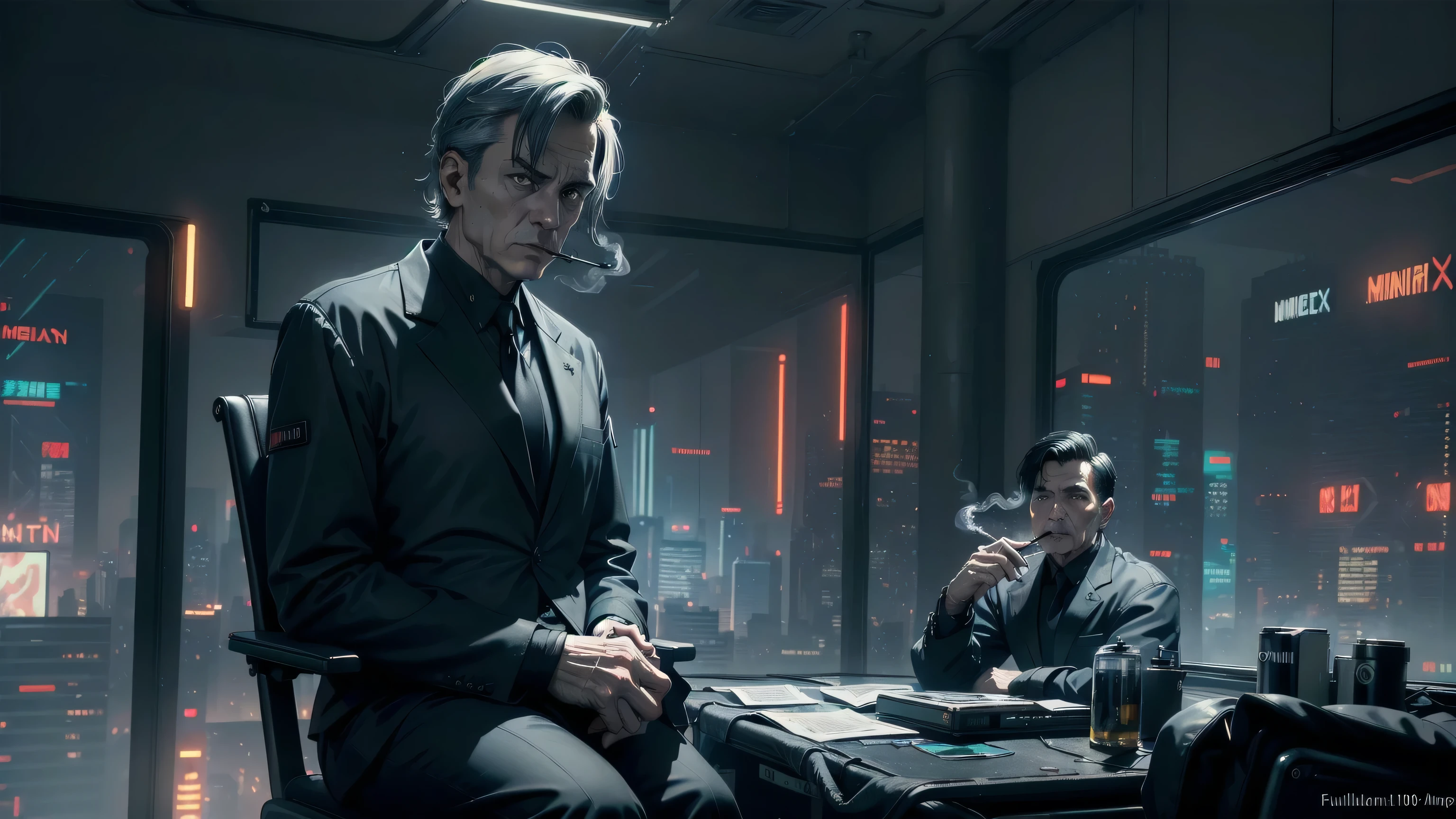 ((top quality, ultra-detailed, high resolution, extremely detailed CG, unity 8k wallpaper, by famous artist, perfect anatomy, super detailed skin, cinematic lighting, UHD, retina, anatomically correct, 1080P)), ((old man:1.5)), ((Sitting in a conference chair:1.5)), ((Conference room of a cyberpunk megacorporation:1.5)), ((elegant black suit:1.5)), ((smoking cigarette)), ((full body:1.5)), ((solo:1.5)), The Smoking Man from The X-Files is an old man with a long, angular face and distinctly American features: a straight jawline, prominent nose, and well-defined cheekbones that give him a severe appearance. His fair skin, weathered with age, reflects both wear and experience. He wears his hair neatly combed to the side, short and tidy—dark in his earlier years and later fully gray, with pronounced receding lines that emphasize his advanced age. His build is thin, his posture upright, and his presence austere, almost always dressed in impeccably dark suits that reinforce his image as a powerful but shadowy figure. His small, dark eyes are cold and calculating, rarely betraying emotion. He is almost always seen with a lit Morley cigarette between his fingers or in his mouth, the smoke curling around him like a constant symbol of manipulation, secrecy, and silent menace.