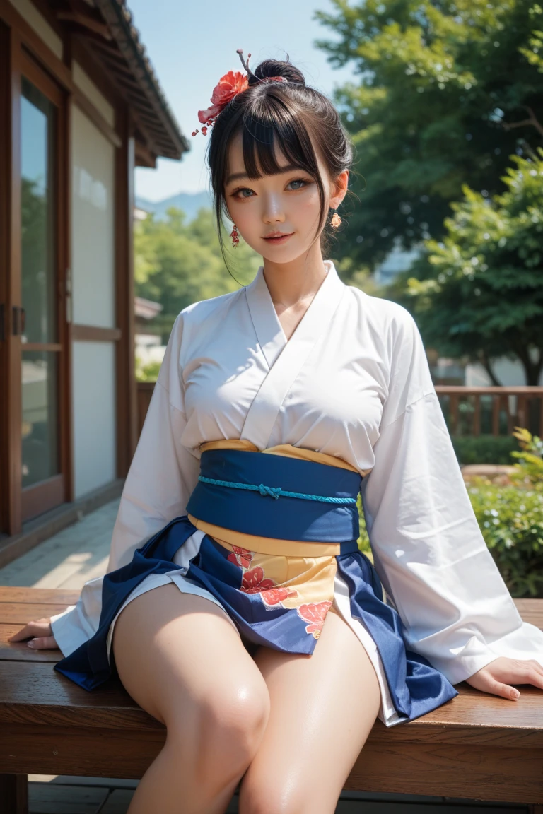 (Raw photo:1.2), (Photorealistic), Beautiful detailed girl, Very detailed eyes and face, Beautiful detailed eyes, Huge file size, High resolution, Very detailed, Best Quality, [masutepiece:1.6], Illustration, Very detailed, Fine detail, Best Quality, 8K Wallpaper, Movie Lighting, 1girl in, japanes, 15yo girl, New Year&#39;s visit to Japan, At the New Year&#39;s Shrine, Kimono like school uniform, Her kimono is peeling off and her white bra is visible., skirt flipped by strong wind, white panties are visibled, white  panties, torii gate, new year hair ornament, torii gate, tiny chest, Young Face, Middle Bob Hair
