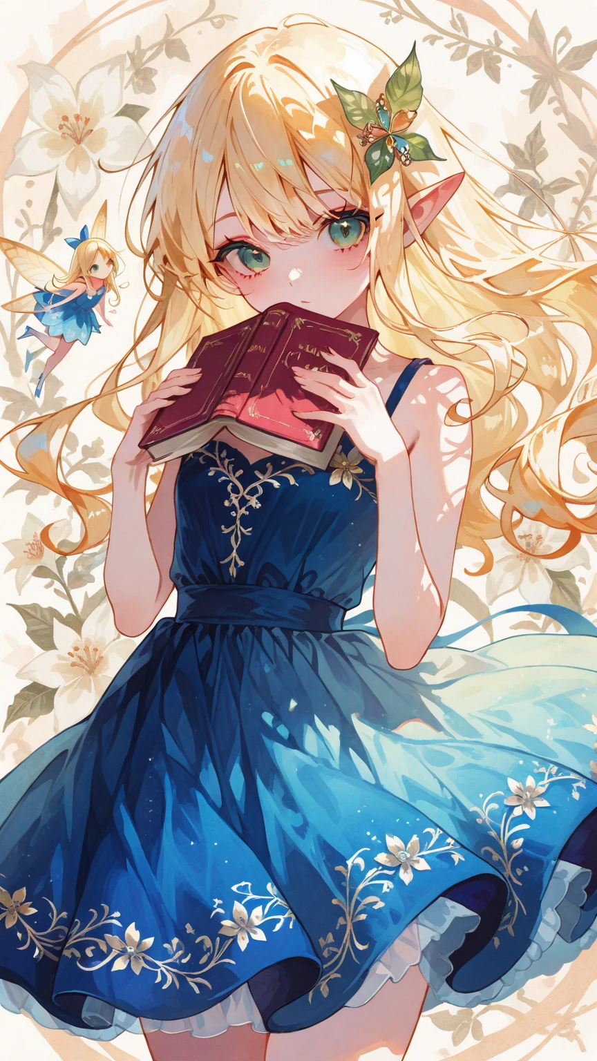 In the academy，An elf girl，（（I was reading the press）），，（（Reading a book）），（Sit in the luxurious hall），（Long blonde hair），（Turquoise eyes），Elf ears，Gentle appearance、The back is straight，The polished back of the dress exposed，The quiet temperament of a literary girl，The eyes are as calm as water，(Looking from the side:1.3)