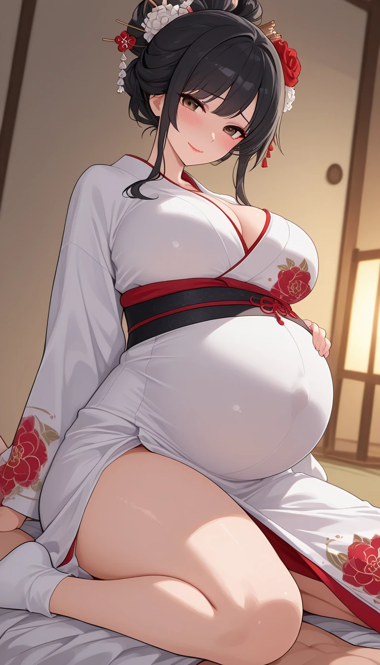 (night:1.7), East Asian architecture, sitting, kneeling tatami, white kimono, brunetize, long hair, excitement, blush, flush, kneeling pleading, looking up at the audience, pouting ass, lifting clothes, seduction, lip flap, purple eyes, braids, 1 female, manga, 20 years old, mature woman, beautiful fingers, beautiful long legs, beautiful body, beautiful nose, beautiful character design, perfect eyes, perfect face, looking at the audience, (innocent_big_eyes:1.0), (Light_ smile:1.0), official art, very detailed CG unity 8k wallpaper, perfect lighting, colorful, Bright_Front_face_Lighting, (masterpiece: 1.0), (best_quality:1.0), ultra high resolution, 4K, super detailed, photography, 8K, HDR, highres, absurdres:1.2, Kodak portra 400, film grain, Background Blur, Bokeh:1.2, Lens Halo, ( vibrant_color:1.2) (Beautiful,large_Breasts:1.4), (beautiful_face:1.5),(narrow_waist), Bump pregnant Belly, Big Pregnant girl, Largest Belly of Pregnant, Huge Pregnancy, huge 9 months Pregnancy Belly