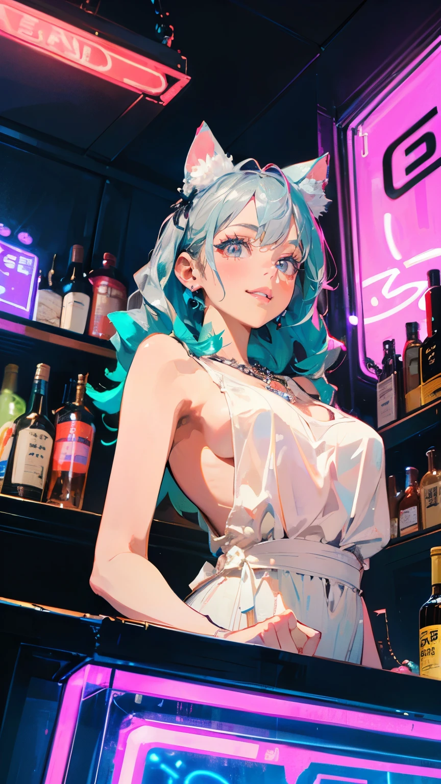 ( table top: 1.3), ( max resolution: 1.2), (Ultra HD TV: 1.2) sharp concentration in nude clothes: 1.2, perfect style, beautiful face, correct, 解剖学的に correct, 非常に詳細な faceと肌のテクスチャ, beautiful eyes on my belly , ( silver eyes:1.3), double eyelid, Thin eyebrows, Bright Orange Eyeliner, Natural Blush, ( white skin:1.2), Shiny Necklaces and Earrings , ( Shiny Lips: 1.4),
In my 40's
One Person's Perspective, ( She's a Cute Bartender), ( perfect fit :1.3),
, ( high heels),
( have smiling faces:1.2), (2, so cute and beautiful ),
( wavy hair with an elegant expression), ((neon colored inner hair:1.2)),
( upper body shot: 1.2), ( face),
( Broken Window :1.2, Stunning Breasts :1.2, slim figure:1.1),
, ((from below:1.2)), ((dim, very sexy bar:1.4)), Standing next to the counter 、Touhou Project、Destroying Sakuraya Sixteen Nights、 Silver Hair、 winery、 glass 、Bottle on the Counter、Leaning on the Counter、 objective point of view 、Maid Outfit、realistic skin depiction、lipid skin 、Cat ears、
(((( Purple Neon Lights ))), (((A rare neon light ))), ((( with blue neon light ))), (((Dimly lit store, black light ))),high contrast
