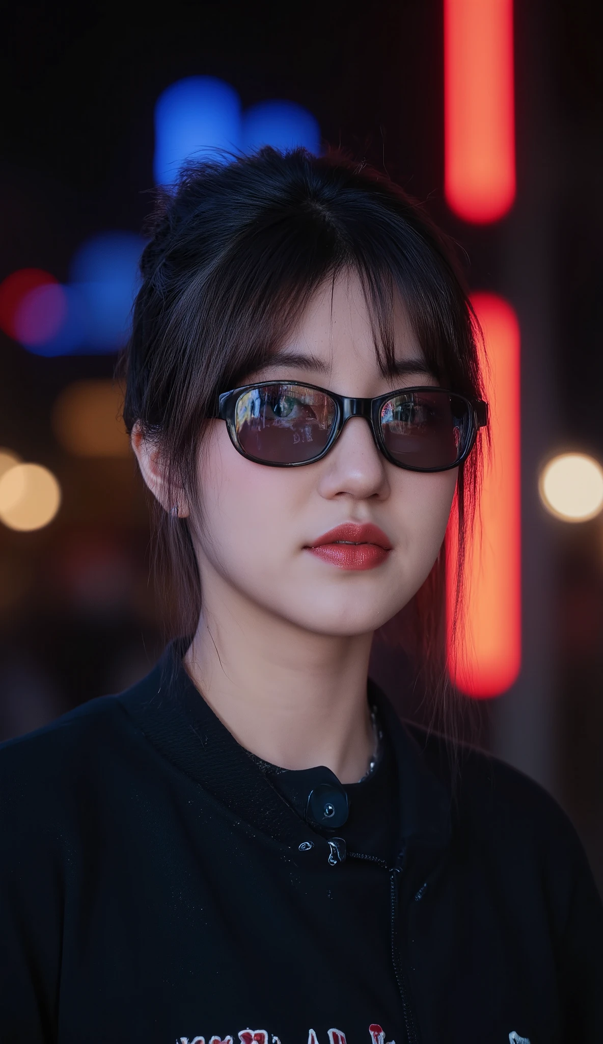 Face close up, alternative girl, watching over black sunglasses, jacket, necklace, neon light reflections on skin, ear ring, makeup, skin imperfection, short hair, beanie, neon lights background, low light, depth of field, highly detailed, high contrast, film grain, Rim Lighting, Long Exposure, DSLR