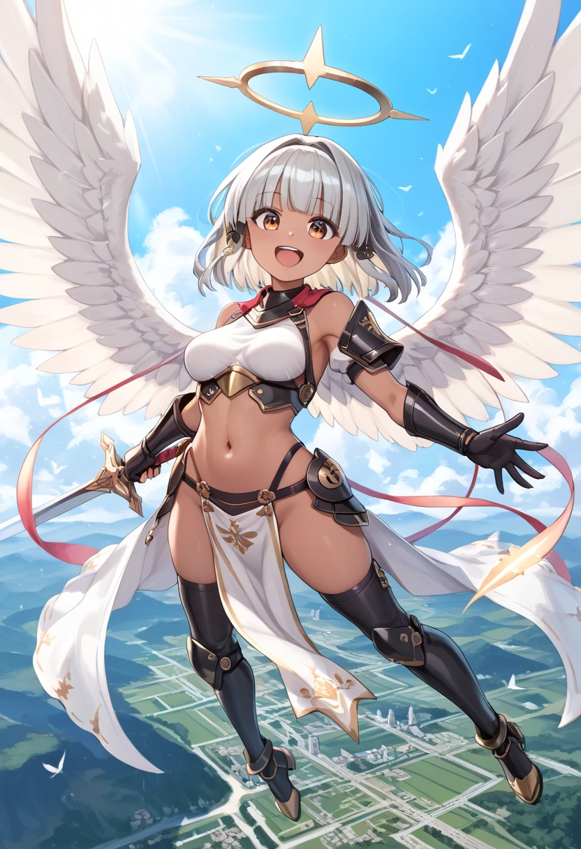 masterpiece, medieval townscape horizon Upper body girl ((((white bikini armor)))), nsfw, spread legs hands behind head clear blonde two tone hair, ((((((hair over one eye)))))), Braid Styles, spiked hair, blunt bangs, bob hair, a braid, Ahoge red eyes looking at the viewer adventurer ((from front)), open mouth, scared, standing, spread legs, spoken heart ,(abs), Thighhighs, boots