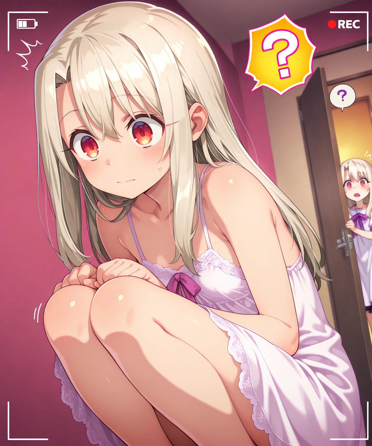 ((highest quality)), ((High resolution)), ((finely)), 1 girl,spread your pussy, Uterus, glowing skin,naked woman,small nipples、((blush))、((blush))、((Very excited))、((Very excited))、((childish genitals))、highly detailed face、(finger details)、silver hair、long hair、flat chest、quite thin、beautiful body、put your hands behind your back、pale pink young pussy、I'm trembling、soaking wet pussy、I'm trembling、Squatting、Squatting、Angle from directly below、Angle from directly below、shirt、skirt
