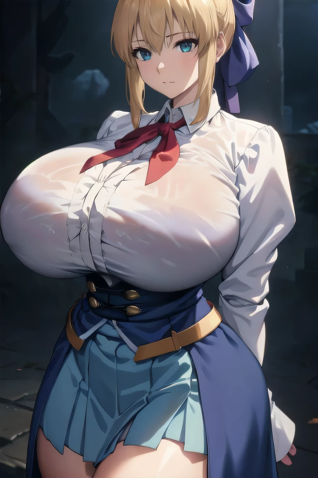 masterpiece,best quality, masterpiece, high detail,detailed face,detailed eyes,rendered eyes,perfect eyes,hip lines,perfect hand,good hands,crisp image,detailed,amazing,8k,8k wallpaper,8k background,high detailed skin,high res,((((cowboy shot, clothed)))),((gigantic sagging breasts, large breasts, gigantic breasts, sagging breasts)),(saggy tits:1.1),(sagging breast:1.1),(huge breasts:1.8),(tiny waist:1.1), smile, ponytail, hair bow, medium hair,
((1girl,solo)), phSaber, phAltoria, blue skirt, white shirt, long sleeves, high-waist skirt, neck ribbon, LalatinaDustinessFord, dress, underbust, center frills, necktie, long sleeves, bra visible through clothes