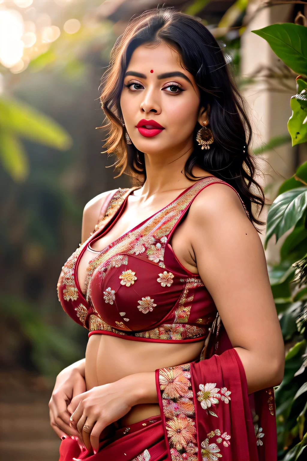 Masterpiece, RAW photo, best quality, photorealistic, extremely detailed CG unity 8k wallpaper, Depth of field, Cinematic Light, Lens Flare, Ray tracing, Imagine an Indian girl chubby figure and massive breast, wearing a saree (( floral padded bra and floral saree)), sexy lips, red lipstick (( round lips)) very beautiful Indian, detailed skin, sexy figure, hot figure, curvy, sensual, erotic expression, lusty, busty, milf