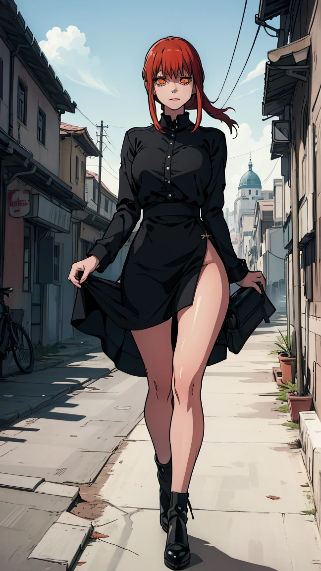 The character Makima from the anime series Chainsaw Man, fragile, full length (Full body 1.1.), dark background, darkness, Correct anatomy 1.1, holds his hands behind his back, correct hand anatomyVery sexy, erotica, very feminine, beautiful figure, legs, buttocks, Beautiful body, red hair, orange eyes, Red circles for schoolchildren, summer dress, sexy pose, realistic, very detailed, Beautiful body, detailed body, detailed hands, detailed, Vibrating, detailed Face, Makima character design. very detailed, detailed body, detailed hands, detailed Face, anime art, Hugh Details, Very downcast face, detailed eyes, Super thin illustration, best shadow, Fine detail, beautiful detailed glow, beautiful detailed, Extraordinarily beautiful, extremely detailed, inexpressive, epic composition, Anime style. anime art anime art, Anime style,
