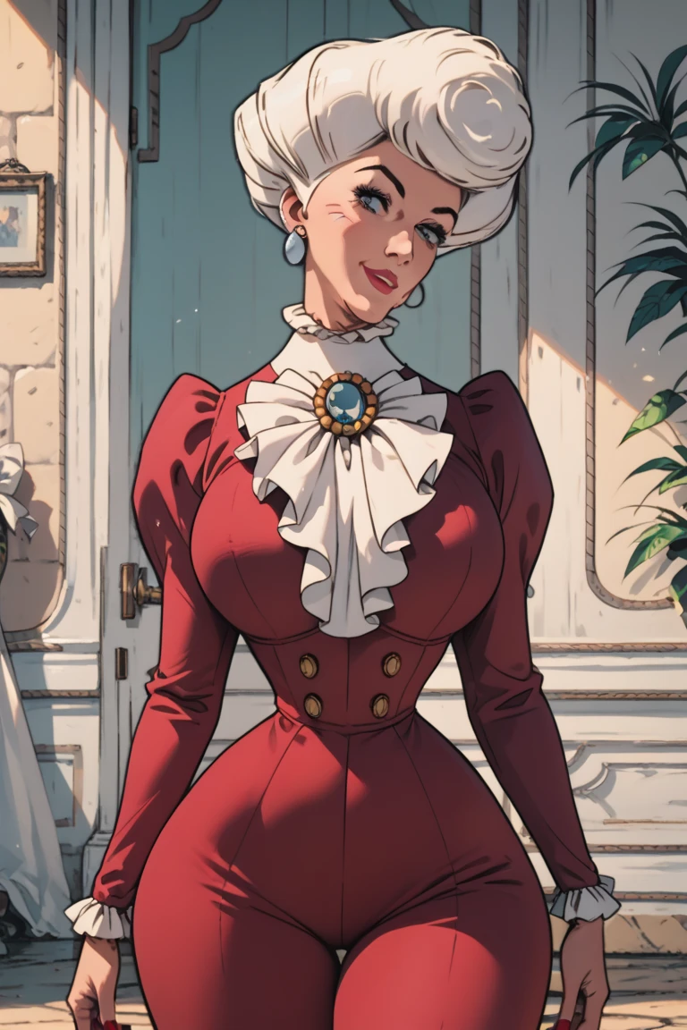 tremaine, green eyes, grey hair, large hair, eyeshadow,red dress, puffy long sleeves, green gem, small earrings, frills, looking at viewer, seductive smile, smirk, from_below, skirt lift, white underwear, inside bedroom, high quality, masterpiece, <lora:ladytremaine:.7>