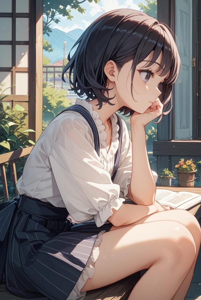 There are water drops on the apartment window. I am lying on the sofa next to the window and reading. 1girl,solo,blunt-bangs,19 years old,short-hair,large_breasts,black-hair,red-eyes, thin_sleeveless_turtleneck_white_sweater,black_pleated_skirt,black_thighhighs,brown_boots,