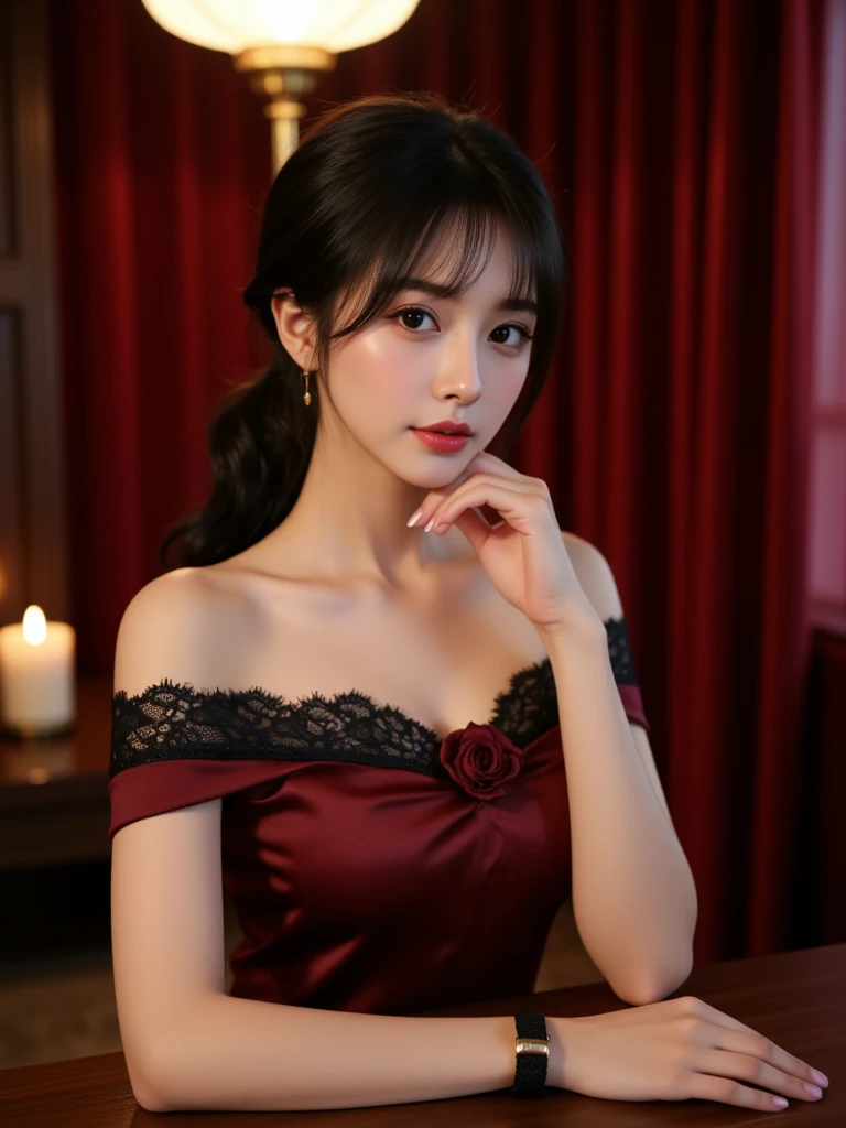 1 girl beautiful gorgeous wearing a black dress dark famtasy brushes color of red and black foxy figure beautiful eyes red lips posing towards the camera