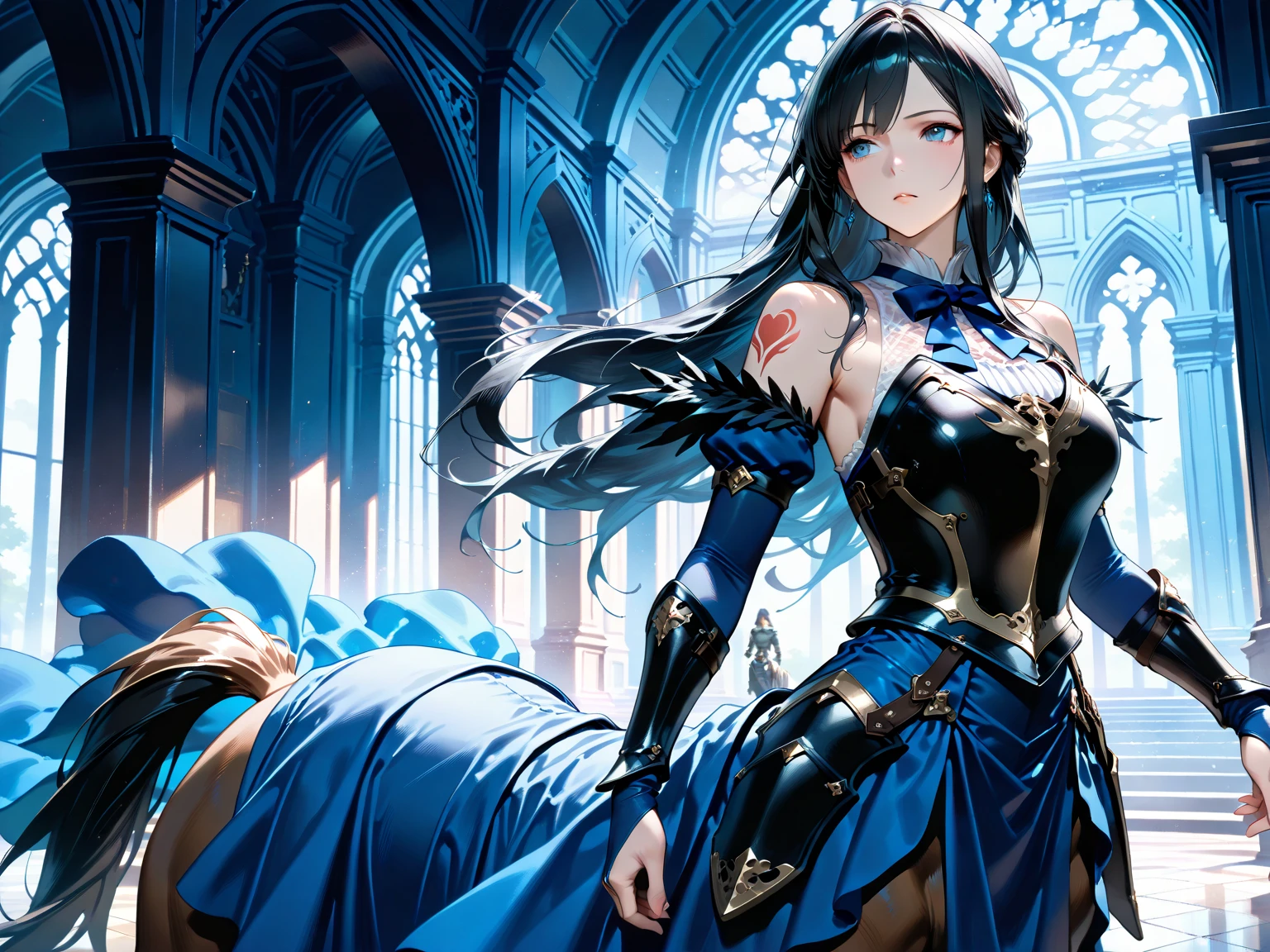 masterpiece, best quality, 1woman adult, older milf, female focus, solo, black hair, vibrant blue eyes, long hair with fringe, looking at viewer, cape, Sorceress, High quality metal texture, semi metal armor, closed mouth, upper body, bangs, high collar,(kbxll:0.6), Fantasy aesthetics, fantasy earring, Highly detailed, shadowverse character concept, shadowverse style