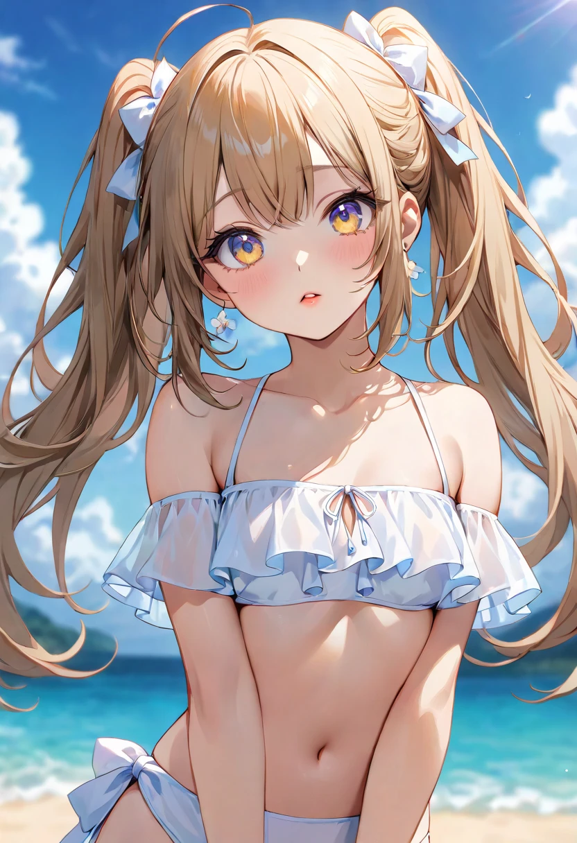Anime, teenage girl, big breasts, Long hair light brown color, light brown eyes, blushing, smooth white skin, Looks very cute, Gentle and neat personality, Shy, Agasshi., Small and short, Pigtails-hair style, Sweet smile, Wearing Cute Bikini, Summer on the beach,