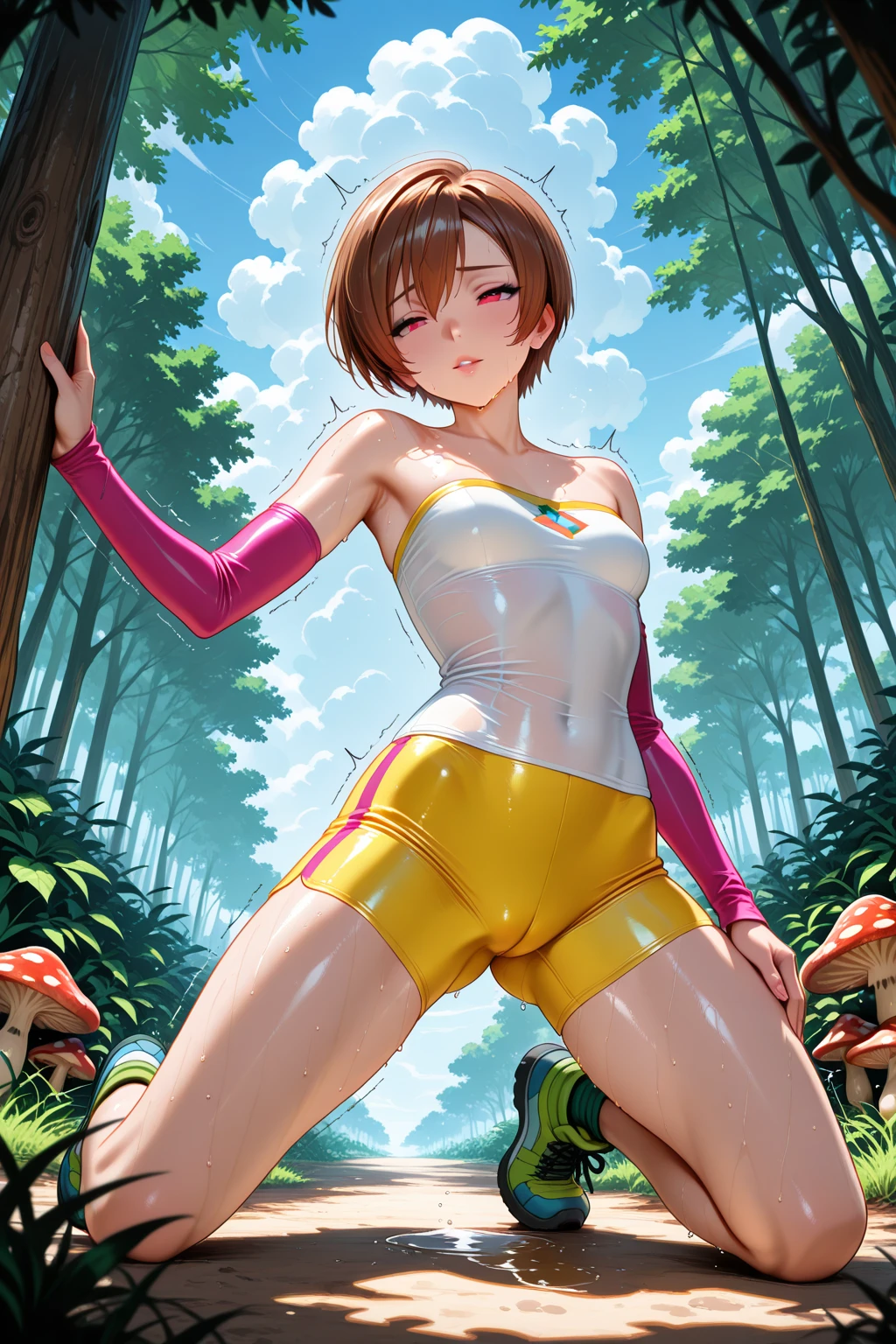 best quality, masterpiece, highres, detailed, digital illustration, <lora:Detail - add_detail:0.2>, HikariDigi02, brown hair, 1girl, yellow shorts, pink and white top, pink gloves, hair clip, whistle, outdoors, forest, dappled sunlight, <lora:Character - HikariDigi02:0.9>