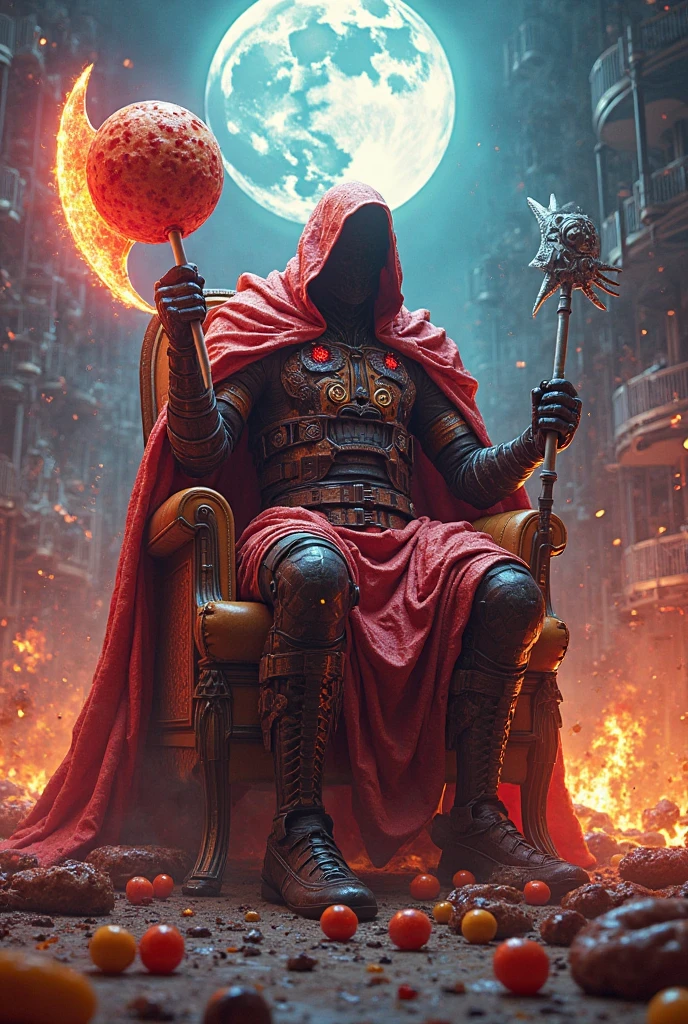 *"The Snack Reaper, now a god of gluttony, perched on a soda-spewing throne of pizza blades and waffle-cone explosives. His gummy-armored suit pulses with neon, chip-bag cape flaring as he raises a caramel-dripping lollipop axe and a molten chocolate orb with a sizzling Twizzler fuse. Around him, his lair churns: Doritos tornadoes, gummy sharks in Mountain Dew moats, and gumball turrets firing jawbreakers. Behind him, a cafeteria burns as junk food zombies swarm, robotic lunch ladies spork-fighting in vain. The donut moon is bitten. Cinematic, hyper-detailed, shadows and neon snack-light clash. --v 6 --ar 9:16 --style raw --chaos 90 --quality 2 --no text"*