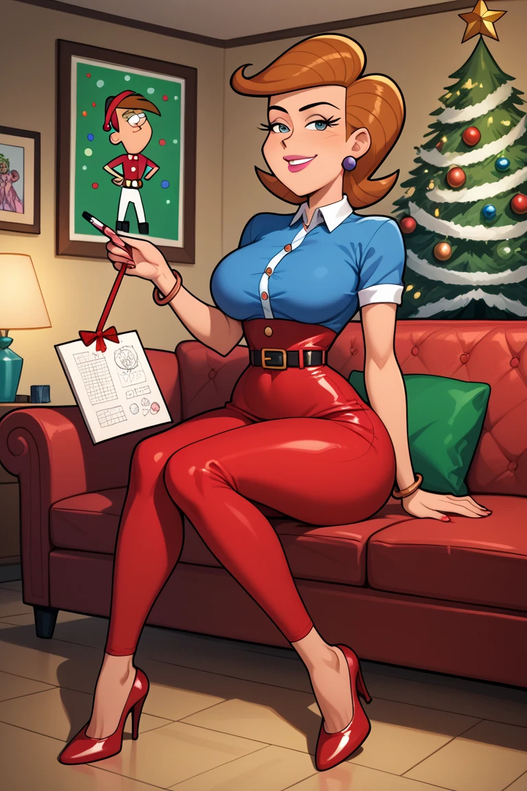 Clover, totally spies, blue eyes, blonde hair, santa outfit, standing, pussy, front door, black boots, santa hat, smile, half-closed eyes, long sleeves, black belt, open mouth, looking at viewer
