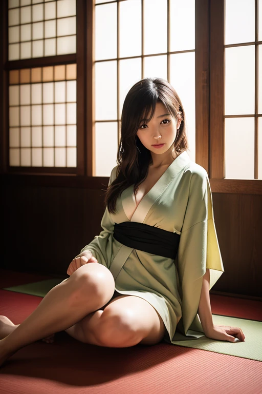 beautifulface, (photo realistic image:1.3), Rim Lighting, (High Detail Skins:1.2), 8K UHD, DSLR, hig quality, high - resolution, 4K, 8K, vokeh, absurdress, , (Realstic:1.3), cute 1girl, Medium breasted,、bra-less、Body of the model、Tatami room、Long black hair、Kneeling with legs spread、japanese kimono