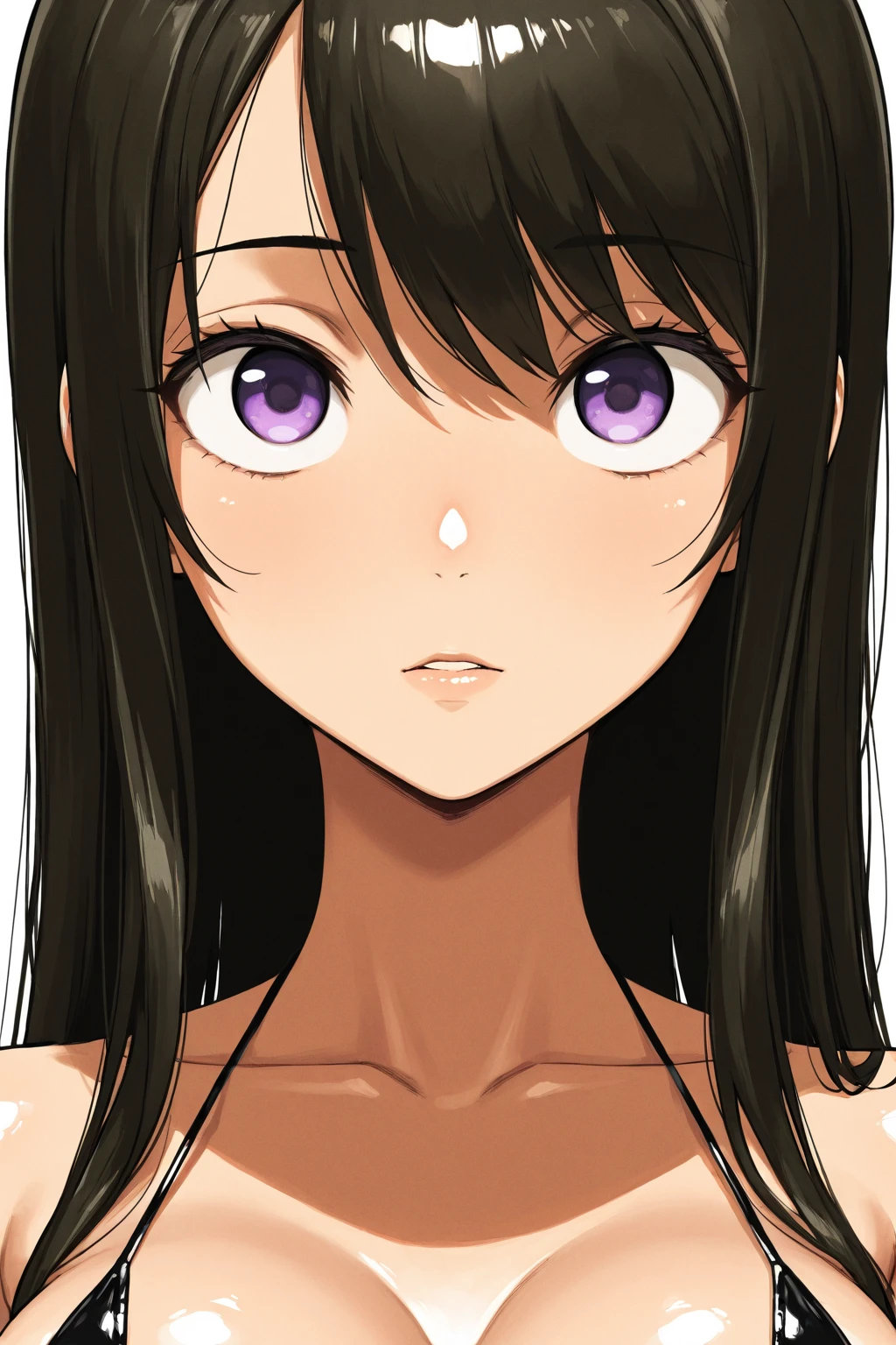 beautiful young woman, long black hair, (high ponytail: 1.2), parted bangs,purple eyes, (dark skin: 1.3), muscular, watery eyes, sad, nude