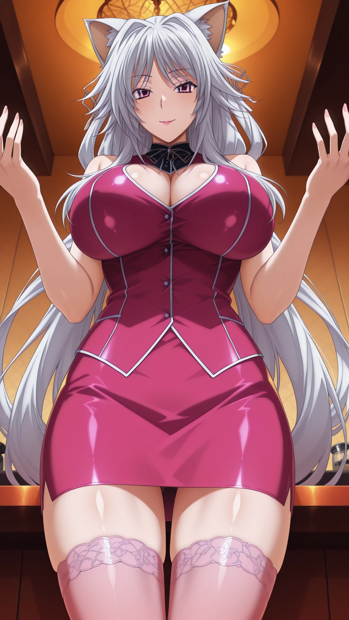 Masterpiece, Very detailed, Ultra-detailed, One, 4k, 8k, highly detailed, high resolution, best quality, very detailed figure, mature milf - full body view, plump red lips, open mouth, wet tongue, showing sexy mouth, focus view on tongue, provocotively showing off curves, sexy pose, alluring, round butt, with perfect pale pinkish skin and mature body, fully soaked wet skin, pussy juice, blushed and seductive body and face, white long eye lashes, long glowing white hair, personification of beauty, goddess, seductive red eyes and women's pink bra lingerie, with big pointy breasts and thick thighs, around a library, terrible and terrifying atmosphere, dark atmosphere,