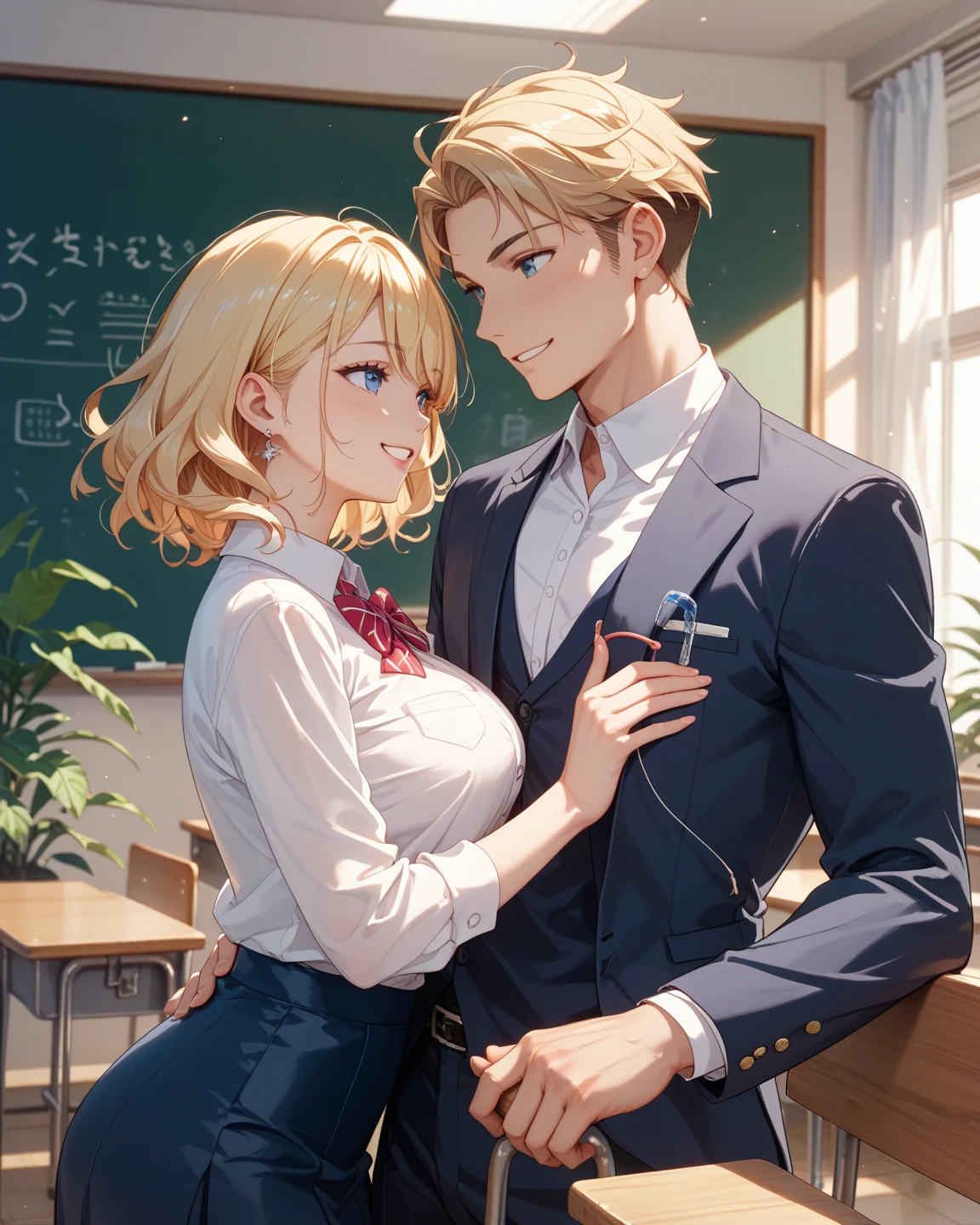 Station ticket gates、A man in a suit groping a schoolgirl's breasts and buttocks、A white shirt that fits her no-bra 、Blue and white striped skirt、Her skirt flips up to reveal her cute white underwear、Bare legs and leather shoean in white suit