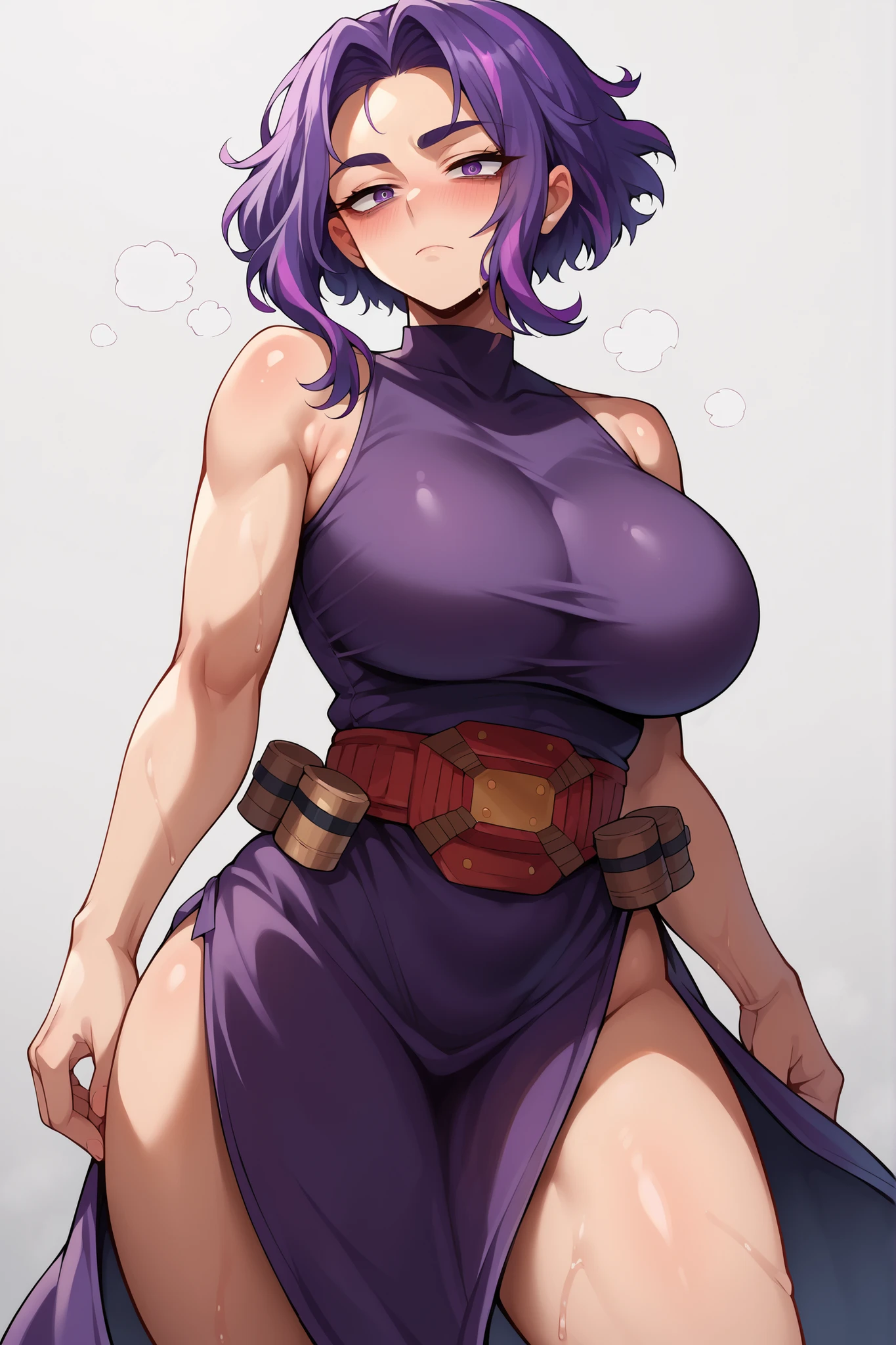score_9, score_8_up, score_7_up, score_6_up, source_anime, BREAK 1girl, solo, bags under eyes, ladynagant, purple hair, streaked hair, short hair, purple eyes, purple dress, belt, sleeveless, (huge breasts:0.7), looking at you, expressionless,, looking at viewer, cowboy shot, dutch angle, solo, nice legs, large breasts, shiny skin, shiny hair, shiny body, clear body, large breasts, nose blush, sweat, sweaty, sweaty:1.3, white background, simple background, standing, nice legs,, looking at viewer, thick thigh, thick thighs, nice face, solo, opaque clothes, cowboy shot, nice legs, empty background, STANDING, POSING, in a stylish purple bikini with ruffled edges, wearing a matching purple floral sarong tied around her hips., sunglasses resting on her head, and a slightly blushing expression with a playful or shy smirk. One hand touching her hair,