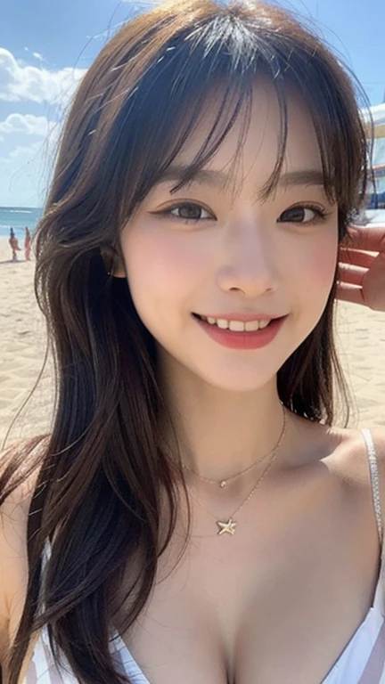 ((In detail))、(Anatomically correct)、((Headband Top))、blue sky、Cobalt Blue Sea、White sand beach,(((Your smile is cute,)))、((Elegant Japanese girl、13-year-old girl:1.5))、Super cute lolita idol、Frolicking expression、(Brown Hair、Semi-long hair with a topknot,)、(((Beautiful girl in a white dress, Transparent muscle)))、(Slender body and beautiful breasts)、(Well-formed and elegant face、amount)、(((Big Breasts)))