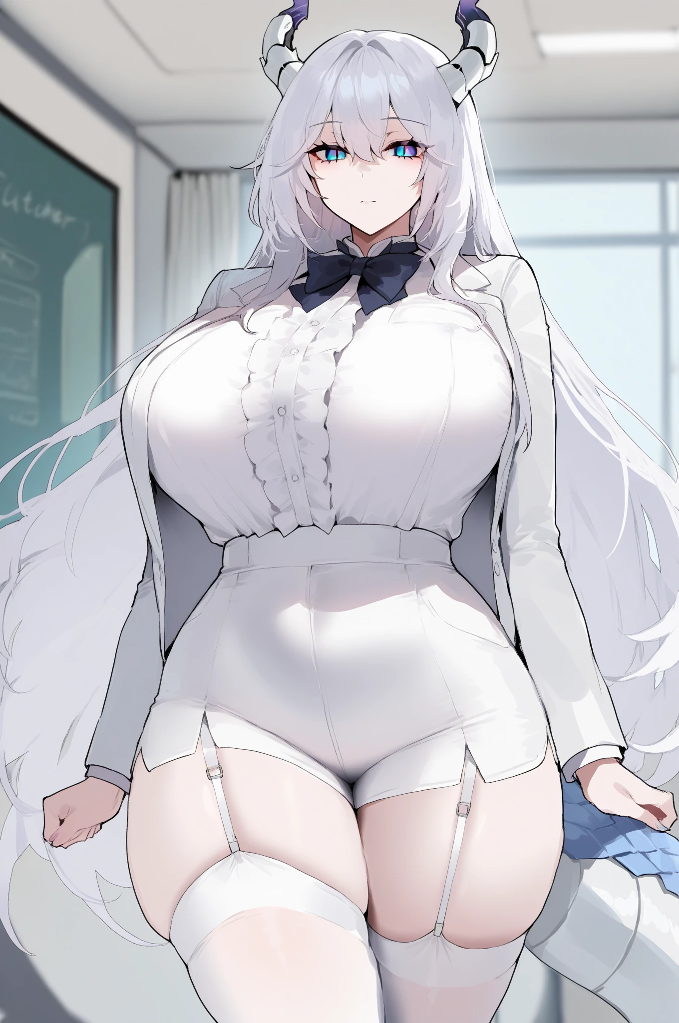 1 full length girl standing, good ass, maid of honor, Hairstyle with a white braid, white hair, blind, perfect lighting, muscular, thighs, mature woman, Mummy, belly button, ABS, look at the viewer (masterpiece, high quality: 1.1) smile, Extremely huge breasts, maternal, Porcelain skin, Extra long hair, shiny skin, good face, oni horns