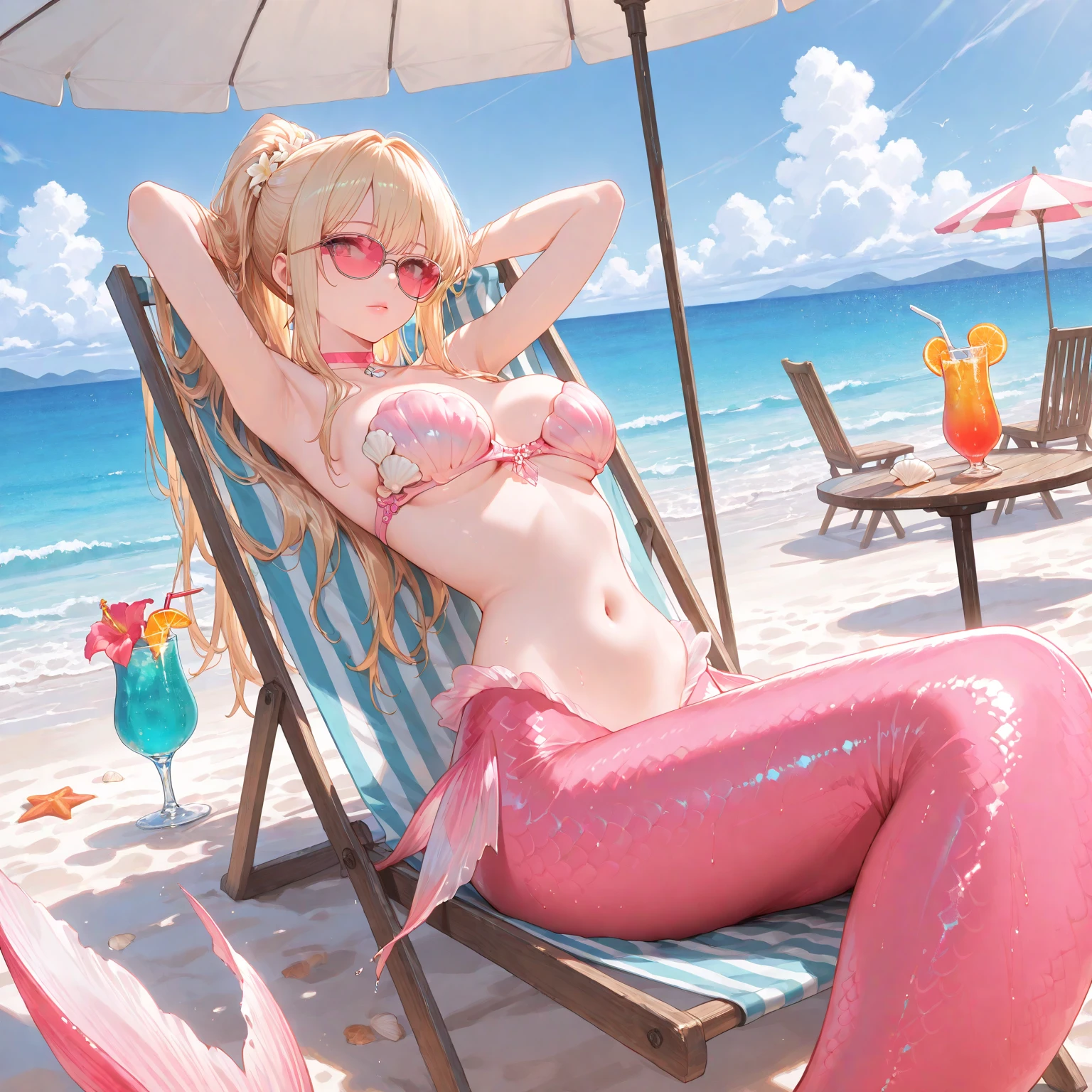 1 girl, :d , beach, summer, bikini, aqua_nails, ball beach, beach_umbrella, beachball, bird, bracelet blonde_hair, cloud, cloudy_sky, cocktail_glass, collarbone, cup, drinking_glass, drinking_straw, eyewear_on_head, flamingo, food, fruit, blue_eye, hair_between_eyes, hair_ornament, hairclip, holding, holding_water_gun, inflatable_flamingo, jewelry, knee_pads, lime_(fruit), looking_at_viewer, multicolored_hat nail_polish, navel official_alternate_costume, outdoors, pink_bracelet, pink_nails, pink bikini, sandals,