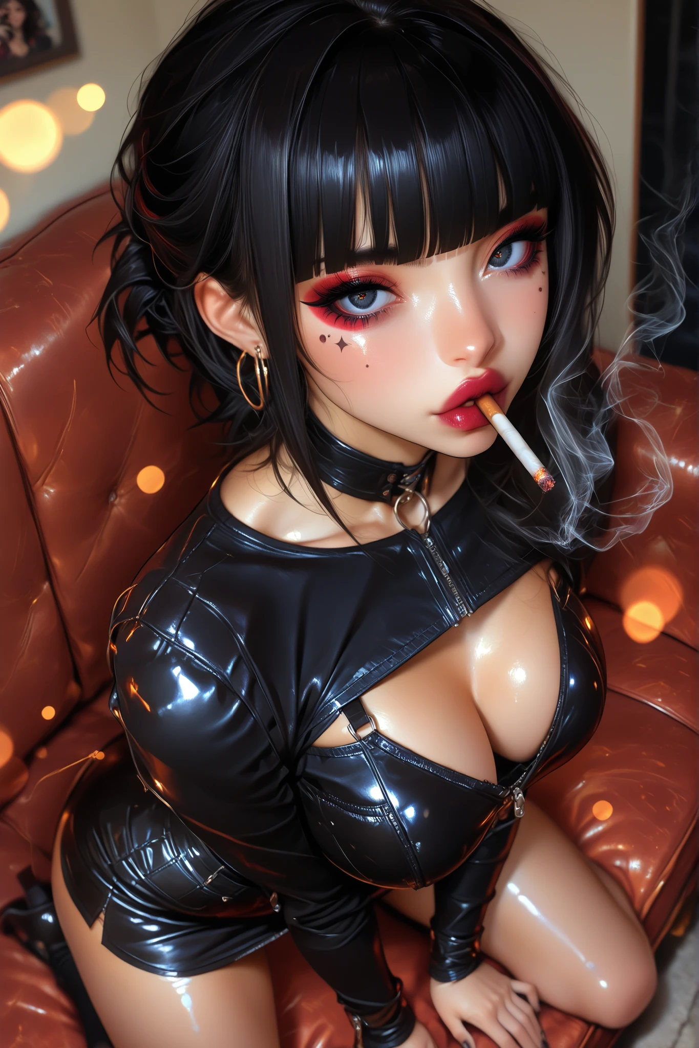 mature model, (high angle 1.2), looking at viewer, dynamic pose, masterpiece, best quality, high details, Ray tracing, hdr, hoop earings, volumetric lighting, bokeh, depth of field, glossy lips, score_9, score_8_up, score_7_up, upscale 2x, alt girl, mature model, beauty mark under eye, college girl, Shiny lips, dark eye makeup, black hair, blunt bangs, cigarette in mouth, kneeling on old couch, basement background, leather skirt, leather black top, cleavage, dark red lipstick, closeup, black nails, red eyeshadow