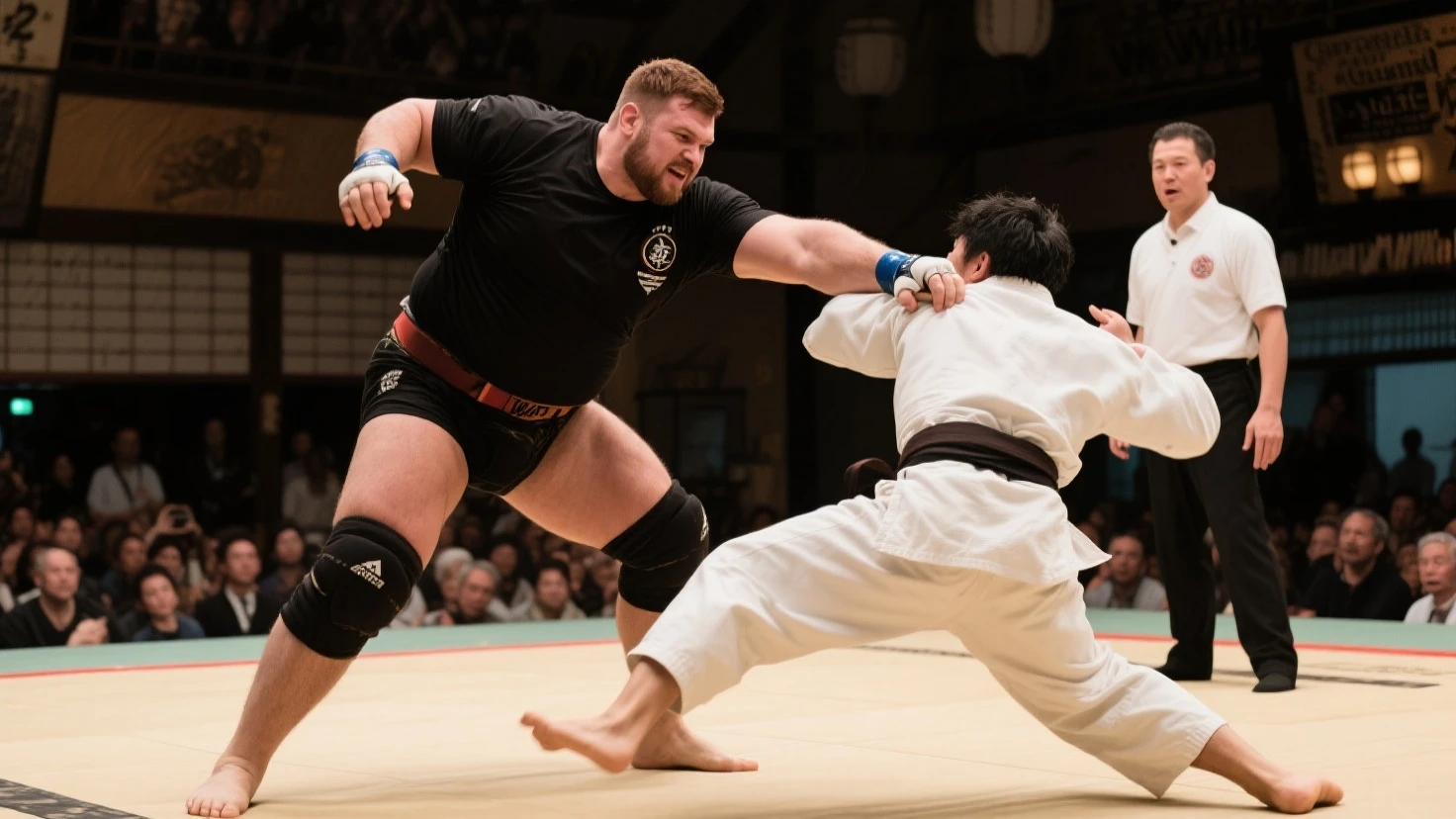 ((highest quality)), ((masterpiece)), (detailed), ((Perfect Face)), 4k, Shaved head, Young Japanese, Muscular, Fat body, Very big man, smile, ((showing off crotch)) A large Japanese man shirtless、whole body、Rugby player、Thick legs、Thick arm muscles、Intimidating、whole body、wearing a very tight and very short black-shorts, (shirtless)、((At the rugby field)), Legs open, haka dance,