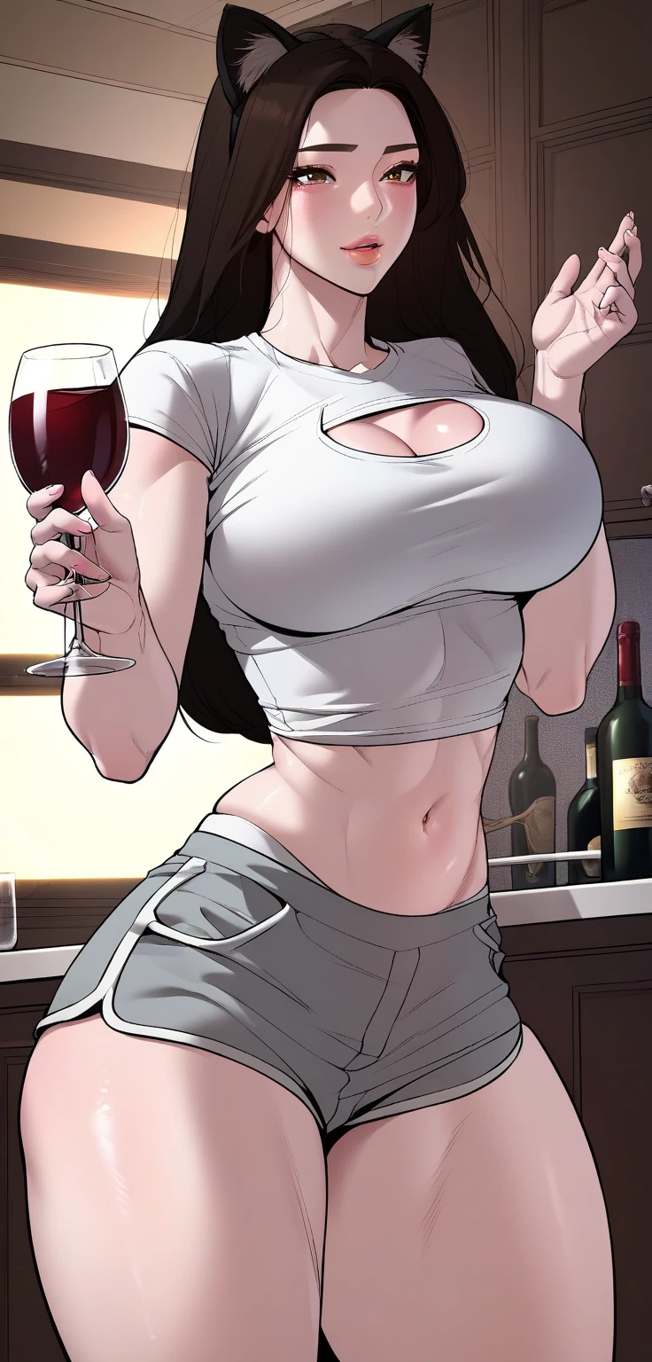 1girl, solo, breasts, blush, smile, short hair, large breasts, navel, sitting, monochrome, swimsuit, greyscale, bikini, thighs, sweat, horns, barefoot, pointy ears, fang, hair over one eye, huge breasts, cup, muscular, thick thighs, o-ring, oni horns, plump, oni, muscular female, belly, fang out, o-ring bikini, skin-covered horns, thick arms