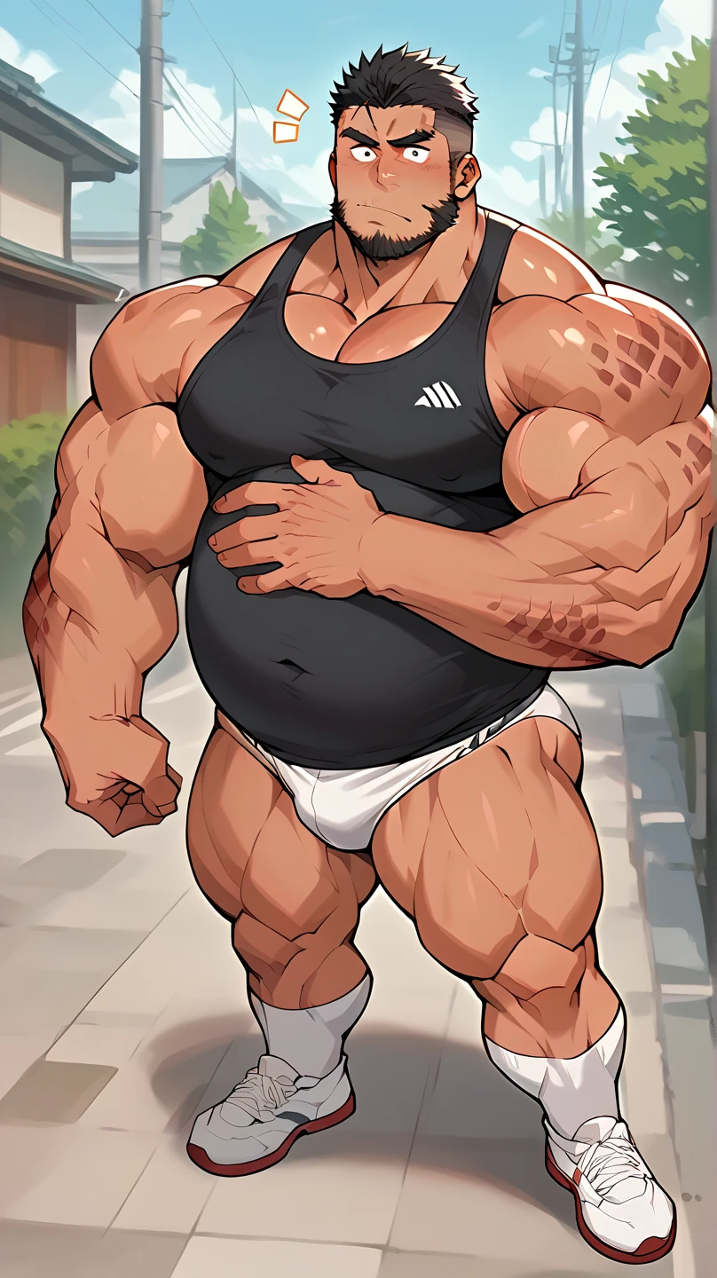 chubby old grizzly bear in nigh street city (wearing white gym shorts and white tank top, gym shoes), furry bear, hyper muscle, hyper muscular, hyper pecs, hyper pectoral, absurdly muscular, absurdly muscle size, flare lights, brown fur, bur background, old man, thick arm, huge arm, bearded. White hair and long beard, bearded, muscular, pectoral, wide pectoral, large pectoral, realistic, 8k, masterpiece, 