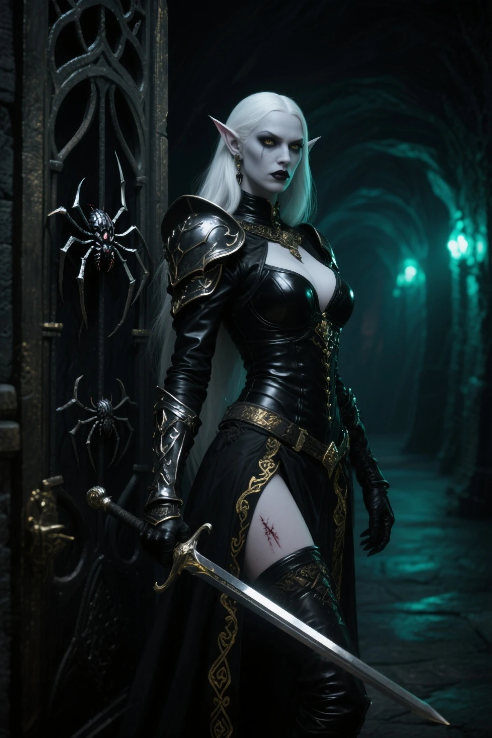 In this AI-generated art prompt titled "Moonlit Shadows: The Elven Rogue," visualize a single female character, a Female Drow Elf, with shaded charcoal gray skin. She possesses an athletic fit body, well-toned and exuding strength. Her short dark black pixie cut hair adds a touch of boldness.
Clad in tight full-body black leather armor, including black dragon scale pauldrons, armguards, breastplate, and shin guards, she emanates readiness and stealth. A black leather corset with silver accents complements her attire, along with tight leather pants. Silver weapons are her chosen tools, combining elegance and lethal precision.
Set in a nighttime dungeon, the pale moon's glow creates a gothic ambiance. Her deep dark green eyes captivate, while nose and eyebrow piercings accentuate her allure. Scars across her lip, nose, and eyebrow hint at a turbulent past, adding depth to her character.cinematic lighting, ray tracing, reflection light, cinematic lighting, ray tracing, reflection light, UHD, masterpiece, anatomically correct, textured skin, super detail, high details, high quality, award winning, best quality, highres, 16k, UHD, masterpiece, ccurate, anatomically correct, textured skin, super detail, high details, high quality, award winning, best quality, highres, 16k
Render the character in full perspective, highlighting her fangs, pointy ears, and multicolored hair. The wet look and pixie cut incorporate black and silver with a gradient effect. Utilize cinematic lighting techniques, including ray tracing and reflection lights, for atmospheric allure. Strive for ultra-high definition (UHD) quality, delivering a 16K masterpiece with anatomically correct, textured skin and super detail.