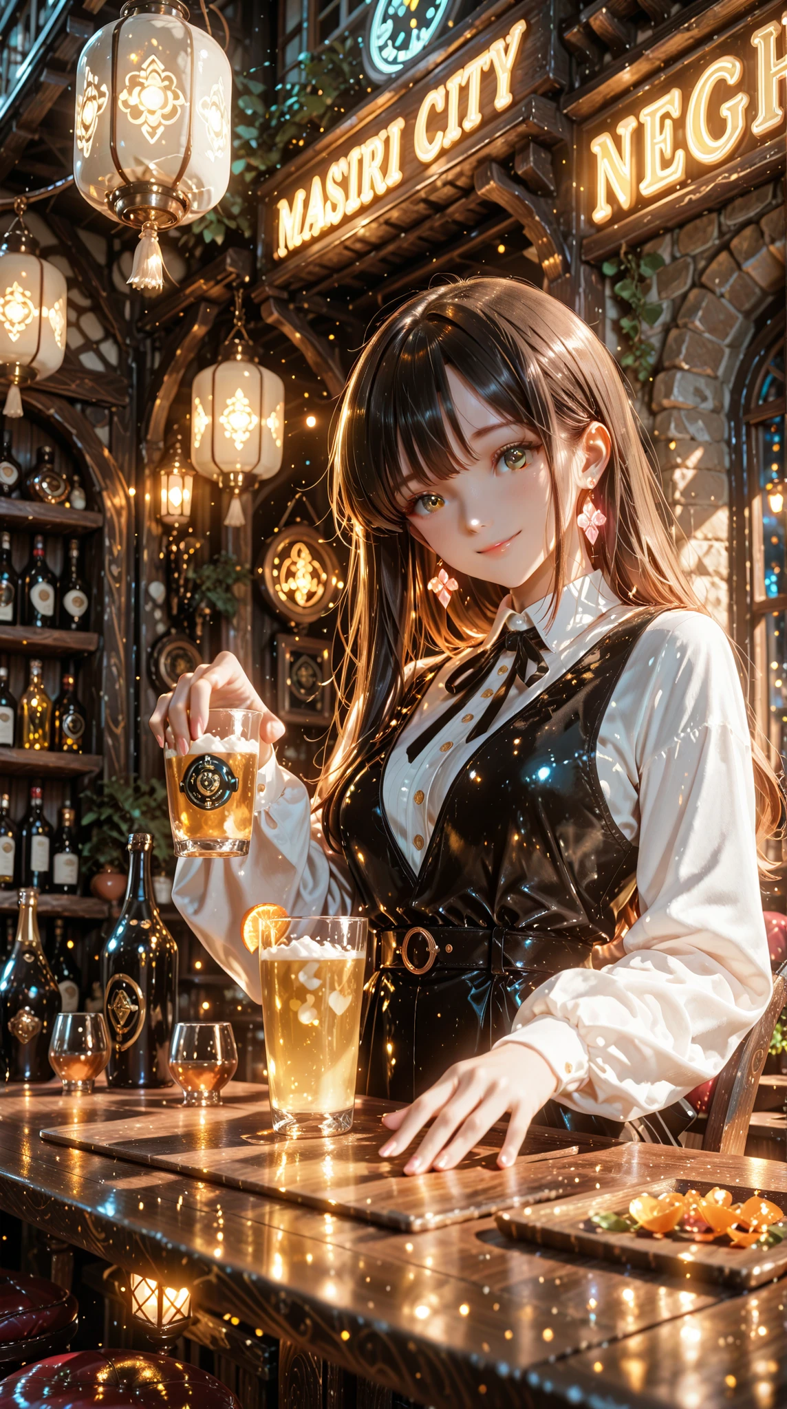 A cozy, mysterious nighttime bar run by elegant girl with youngful smile, wearing stylish uniforms or evening wear. The bar glows with soft, warm lighting—neon signs, lanterns, and candles casting golden light. The setting is intimate and atmospheric, with velvet seats, polished wood surfaces, and glowing bottles of magical drinks behind the counter. Outside, a moonlit city or forest peeks through the windows. The girl are graceful and charming, serving drinks with playful smiles. Whimsical, Ghibli-meets-cyber-noir vibe, cinematic lighting, fantasy anime style, magical realism.