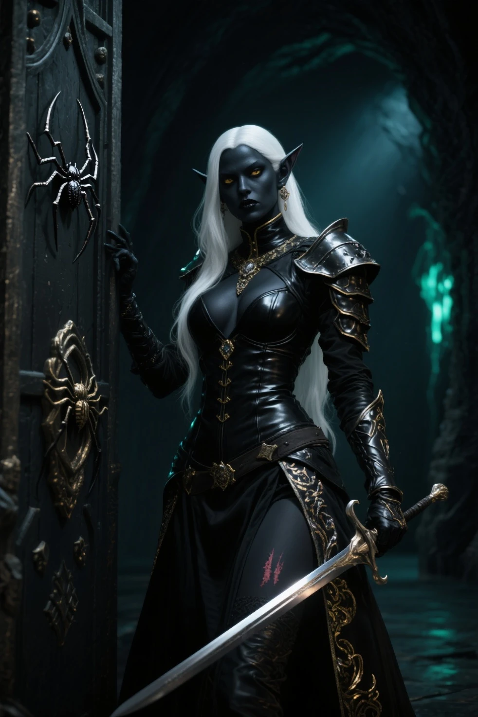 A beautiful dark elf woman, drow, with dark grey skin and long white hair, intricate detailed facial features, porcelain skin, striking blue eyes, full lips, slender figure, simple clothes, dagger, dramatic lighting, fantasy scene, dark moody atmosphere, detailed textures, highly detailed, 8k, cinematic, award-winning artwork, digital painting, concept art, photorealistic, full body shot