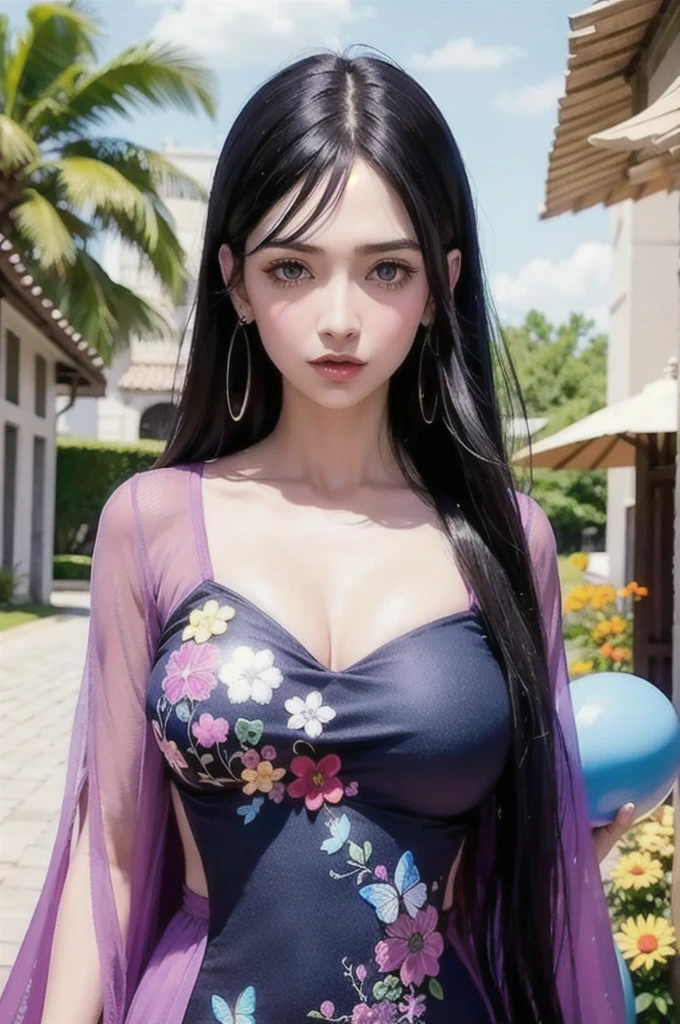 masutepiece, Best Quality, 超A high resolution, detailed illustration, Portrait, Detailed, Brothels、Solo, Long hair, Dress, flower, white hanfu, Smile, Full body, White hair、(((Blue black skin)))、Elven ears、Super beautiful face、A detailed face、beautidful eyes、细致背景、Woman、Sexy Woman