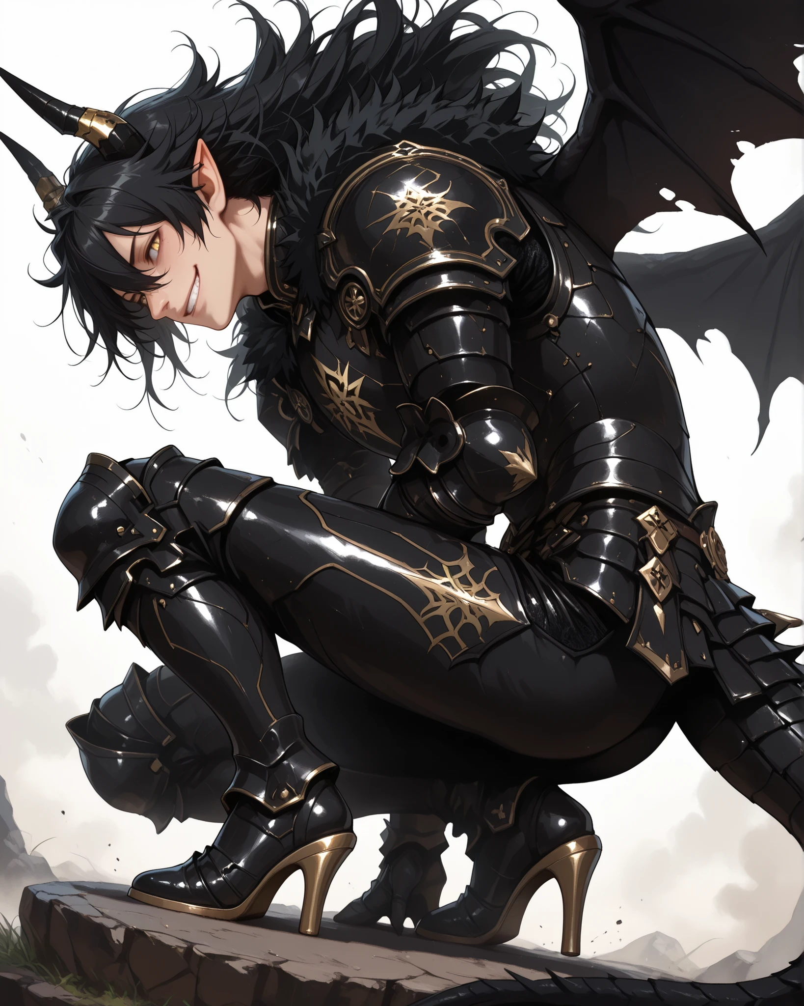 score_9, score_8_up, score_7_up, absurdres, 128K Ultra High Resolution, (masterpiece, best quality: 1. 5), ((high definition)), highres, 8K wallpaper, (excellent graphics: 1. 5), CG, (((Japanese Anime style))), (1 male), solo, lean body, (masculine), floating in the air, weredragon, glossy black, shiny black leather, ((beautiful golden eyes, finely detailed eyes, bright eyes, slit pupils)), hair between eyes, black hair, long hair, sideburns, wild hair, (sly grin, sinister grin, smirk), teeth, confident, (((ultra detailed face))), shiny skin, long pointy ears, twisted torso, long-legged, sculpted face, wasp waist, dragon horn, dragon tail, dragon wings, dragon sharp claws, (black armor with a lot of grandiose decorations: 1. 5), half dragon half human, (crouching, charge at the enemy, combat pose: 1. 5), (dramatic angle, dynamic pose: 1. 5), (ultra detailed black armor, well-polished black armor: 1. 5), (gold-adorned armor: 1. 5), all black outfit, full body, emphasize face, sharp focus, good-looking man, (best illustration, highly detailed artwork: 1. 5), cinematic, dramatic lighting, (intricate detail, extreme detailed, super detailed: 1. 5), tenebrism, wonderful pose, chiseled features, (stark contrast, heavy shadows: 1. 3), detailed black decorations, beautiful and aesthetic, photoreal, from side, (mysteriously crafted black metal armor: 1. 5), thick and luxuriant hair, (ultra detailed fantasy black armor, wonderful black armor: 1. 5), (realistic metal texture), broad shoulder, true-to-life visuals, artistically refined, (extremely delicate & beautiful armor, elaborate armor details: 1. 5), (giant black armor, dark armor, stylized armor: 1, 5), (((armor-type high heels))), (extremely detailed armor with intricate engravings, intricate armor with gold ornaments: 1. 5), very gorgeous and dazzling, (dark fantasy black knight: 1. 5), slim waistlines, wide chested, sinewy body, (Hyper Detailed & Perfectly Designed Black Armor: 1. 5), (simple white background), windy