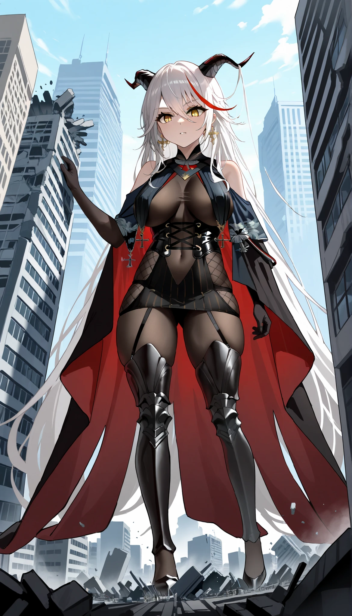 
1girl, long hair, breasts, white hair, red hair, multicolored hair, horns, streaked hair, demon horns, aegir \(azur lane\), default, yellow eyes, bodystocking, two-tone hair, solo, bare shoulders, breast curtains, gloves, jewelry, earrings, very long hair, hair on horn, hair between eyes, black gloves, elbow gloves, cross-laced clothes, underbust, cross earrings, covered navel, cape, black cape, giantess, giga size, aerial perspective, destroyed city, full body, from below