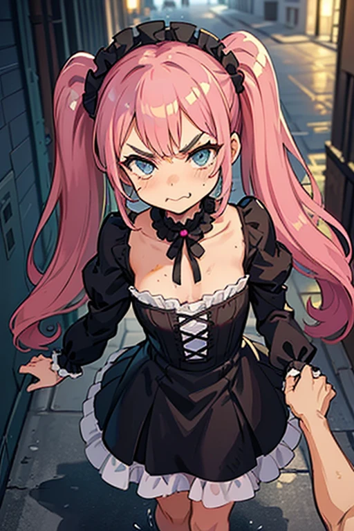 Young girl with pink hair, long twintail hairstyle, small bushy eyebrows, wearing gothic lolita clothes, lolicon (Zankuro) drawing style by zankuro artist, Zancrow style, image uploaded in R34, walking in the mall, flirty smile , suddenly having sex in public, ((doggy style sex)), ((public sex )) naked ass in the male crotch, old man , ((being raped by a decrepit old man in a dirty alley, teary eyes and angry face)) ((male pov))