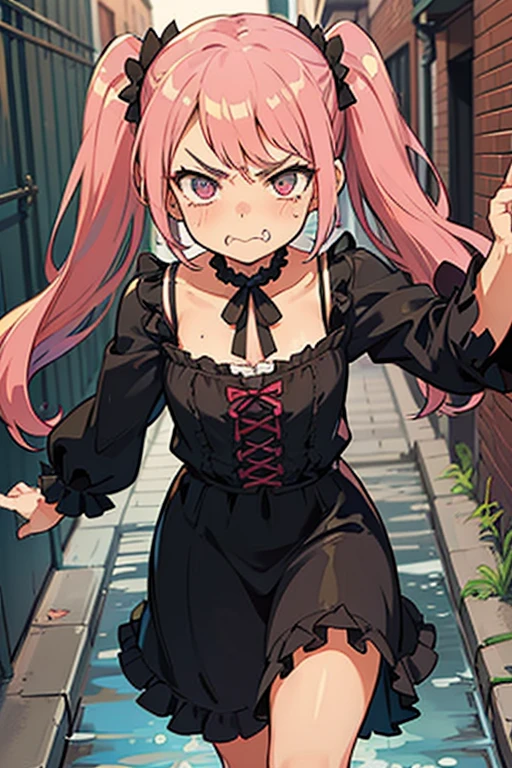Young girl with pink hair, long twintail hairstyle, small bushy eyebrows, wearing gothic lolita clothes, lolicon (Zankuro) drawing style by zankuro artist, Zancrow style, image uploaded in R34, walking in the mall, flirty smile , suddenly having sex in public, ((doggy style sex)), ((public sex )) naked ass in the male crotch, old man , ((being raped by a decrepit old man in a dirty alley, teary eyes and angry face))  ((male pov))