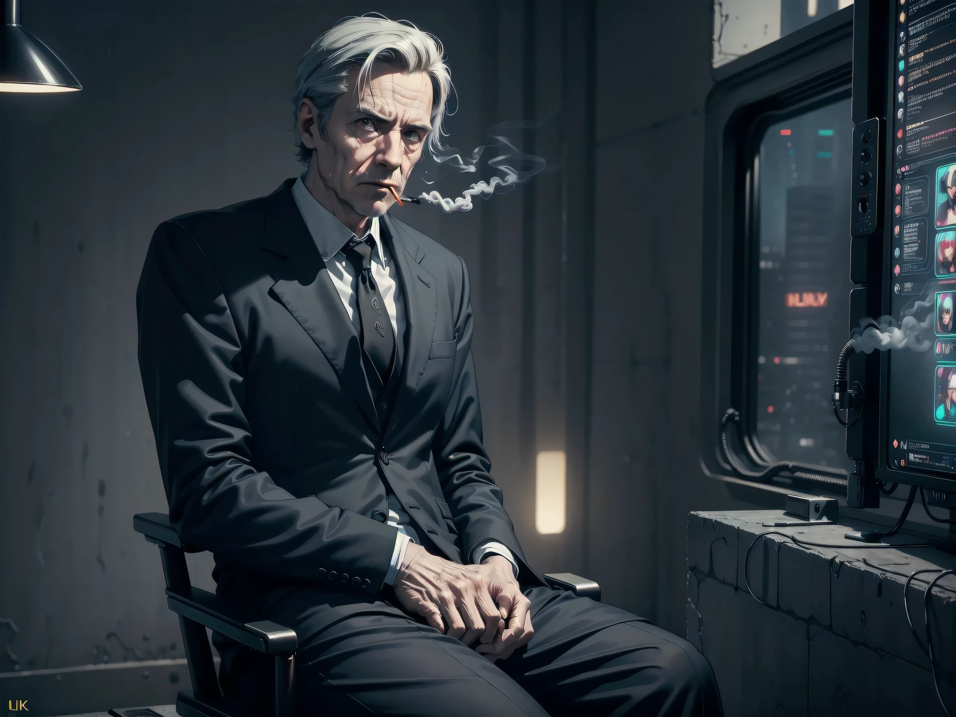 ((top quality, ultra-detailed, high resolution, extremely detailed CG, unity 8k wallpaper, by famous artist, perfect anatomy, super detailed skin, cinematic lighting, UHD, retina, anatomically correct, 1080P)), ((old man:1.5)), ((Sitting in a conference chair:1.5)), ((Conference room of a cyberpunk megacorporation:1.5)), ((elegant black suit:1.5)), ((smoking cigarette in his mouth)), ((full body:1.5)), ((solo:1.5)), The Smoking Man from The X-Files is an old man with a long, angular face and distinctly American features: a straight jawline, prominent nose, and well-defined cheekbones that give him a severe appearance. His fair skin, weathered with age, reflects both wear and experience. He wears his hair neatly combed to the side, short and tidy—dark in his earlier years and later fully gray, with pronounced receding lines that emphasize his advanced age. His build is thin, his posture upright, and his presence austere, almost always dressed in impeccably dark suits that reinforce his image as a powerful but shadowy figure. His small, dark eyes are cold and calculating, rarely betraying emotion. He is almost always seen with a lit Morley cigarette between his fingers or in his mouth, the smoke curling around him like a constant symbol of manipulation, secrecy, and silent menace.