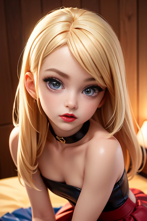 (bedroom) hyperrealistic 14 year old american teen, blonde, perfect tiny body, sexy, dark makeup, choker, perfect slim face, big red lips, very cute face, tiny body, big eyes, young looking, childish looking, big earrings, pink tight latex party dress, standing
