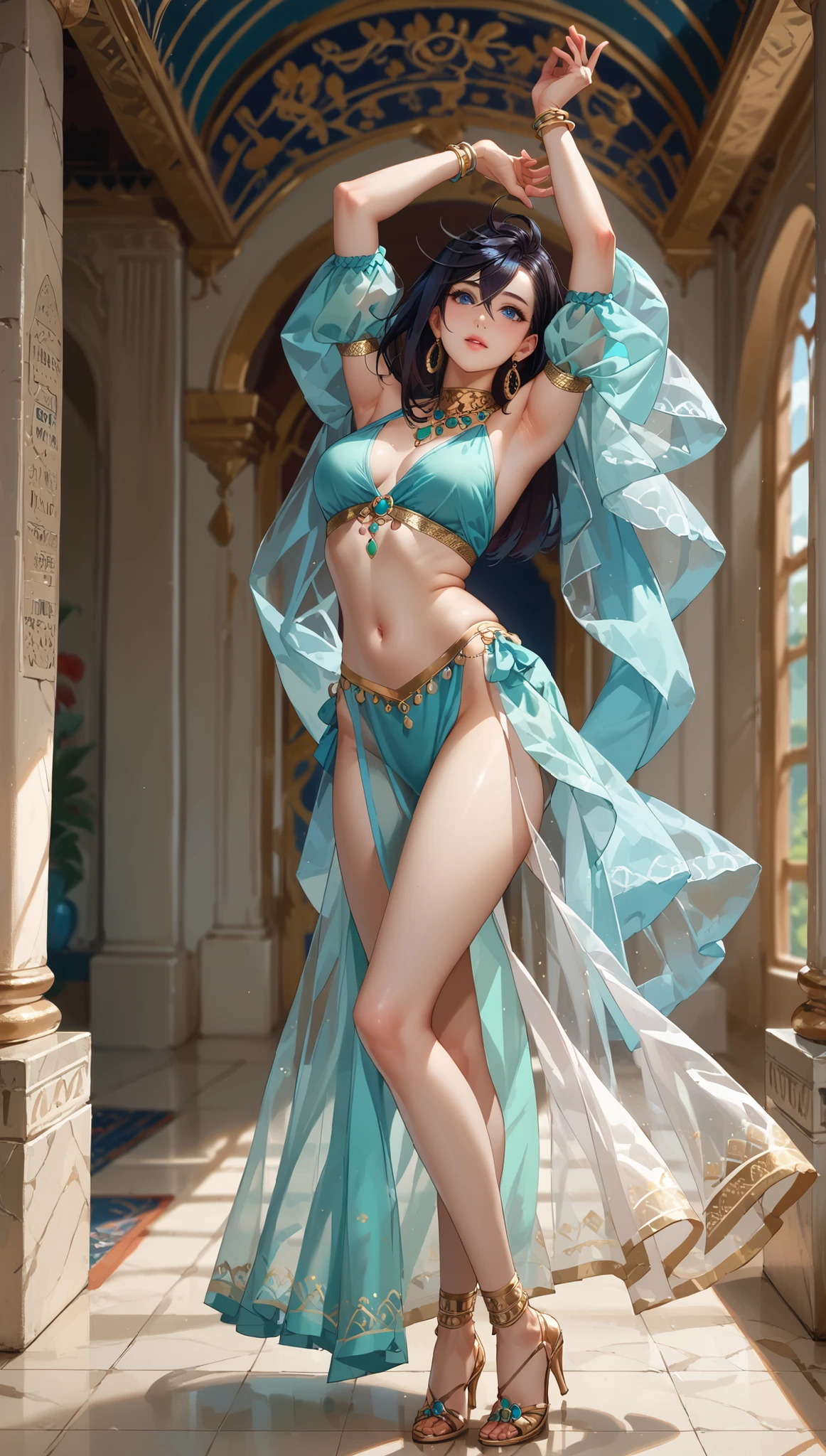 Filming location、It&#39;s an indoor belly dance performance named after a beautiful actress in her 20s.。 
realistic、realistic and ultra-detailed finish、Create a highly detailed CG Unity 8K wallpaper。 
The model is slender and cute.、good style、green eyes、small nose、 size。There is also a mature atmosphere.。 
her characteristics are、、Hairstyle Up Styling、A slightly brighter and softer trendy hair color。 
The model&#39;s skin type is delicate、Pay attention to the fine details and the softness of the hair.。 
Please use a full body camera angle。 
Fashion style is、、Wearing a belly dance costume。