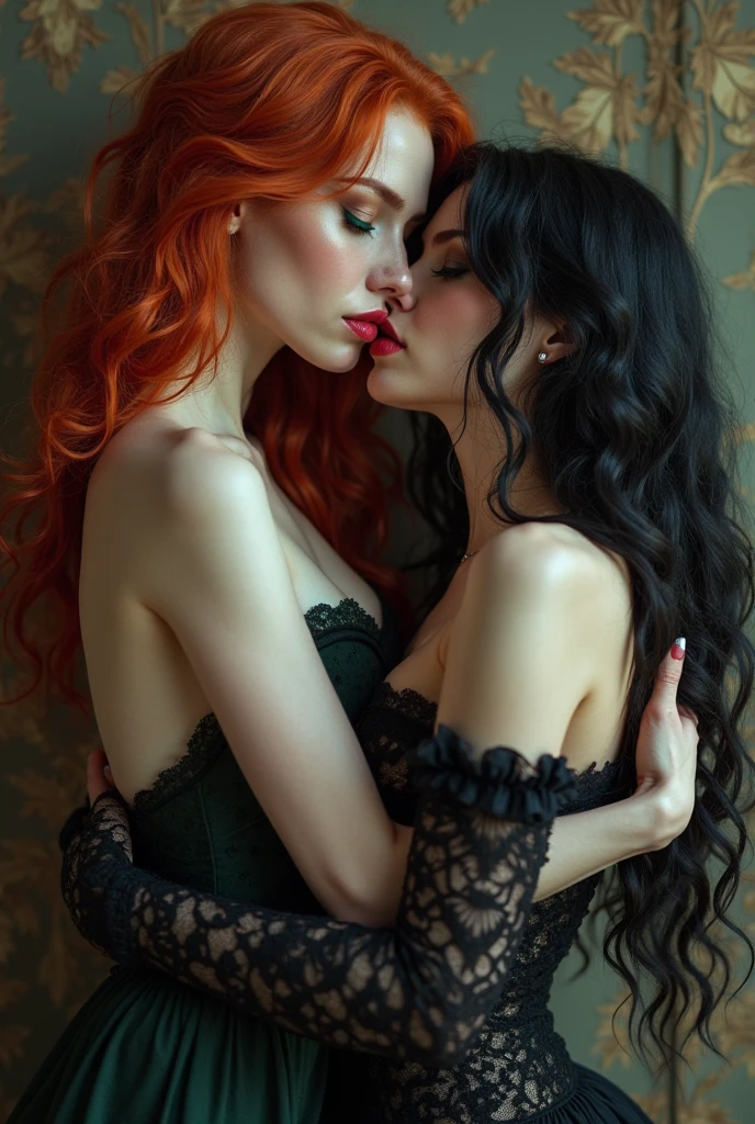 ultra realistic, photography, two girls: one with long straight red hair, 24 years old, hourglass figure, perfect body, natural medium breasts, wearing a sexy black lace lingerie, the other one: long black straight hair, girl, 30 years old, hourglass figure, perfect fit body, natural big breasts, she is wearing a sexy sheer red lace lingerie, masterpiece, super detailed, detailed face, beautiful eyes, detailed eyeshadow, lip details, red lipstick, full body, wavy hair, revealing legs, sexy legs, great cleavage, they are wearing elegant high heels, they are a femme fatale, sitting on a couch, both have their legs crossed, full body shot, wide angle, zoomed out, removing bra straps from their shoulders