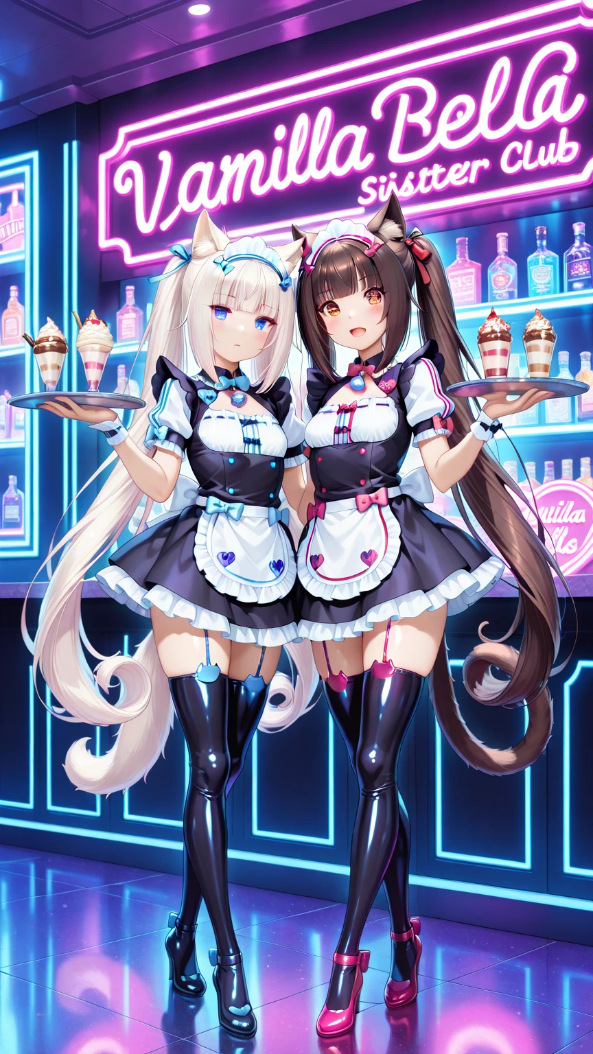 masterpiece, ultra detailed, Chocola and Vanilla from Nekopara, two cute anime catgirls sisters, wearing matching elegant maid-inspired bodysuits with short frilly skirts and thigh-high stockings, cat ears and fluffy tails, carrying trays with colorful milkshakes topped with whipped cream and cherries, walking gracefully through a stylish catgirl night club, soft glowing neon lights in pink and purple tones, heart-shaped neon signs, elegant cat-themed bar interior, glossy floors reflecting the neon glow, Chocola with long brown hair in twin tails with red ribbons, Vanilla with long silvery white hair with blue ribbons, both smiling sweetly, cat bells on collars, expressive bright eyes, cinematic anime style lighting, vibrant colors, lively and cheerful atmosphere, dynamic posing, high quality, 8K ultra detailed, anime comic style,