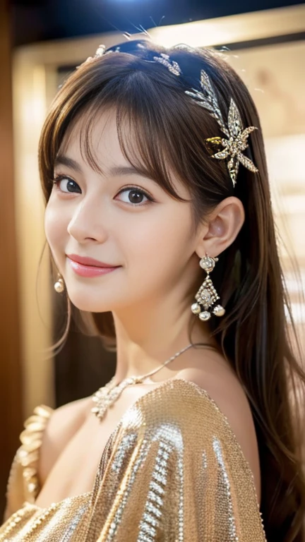 Arching back , Princess , in castle, high quality, super quality, (detailed face:1.4) ,beautiful woman , golden eyes, long hair , tight gorgeous dress, tiara, necklace , earring , sharpe eyebrow , beautiful bangs are covering her eyes , huge breast  ,upper body , from back view 
