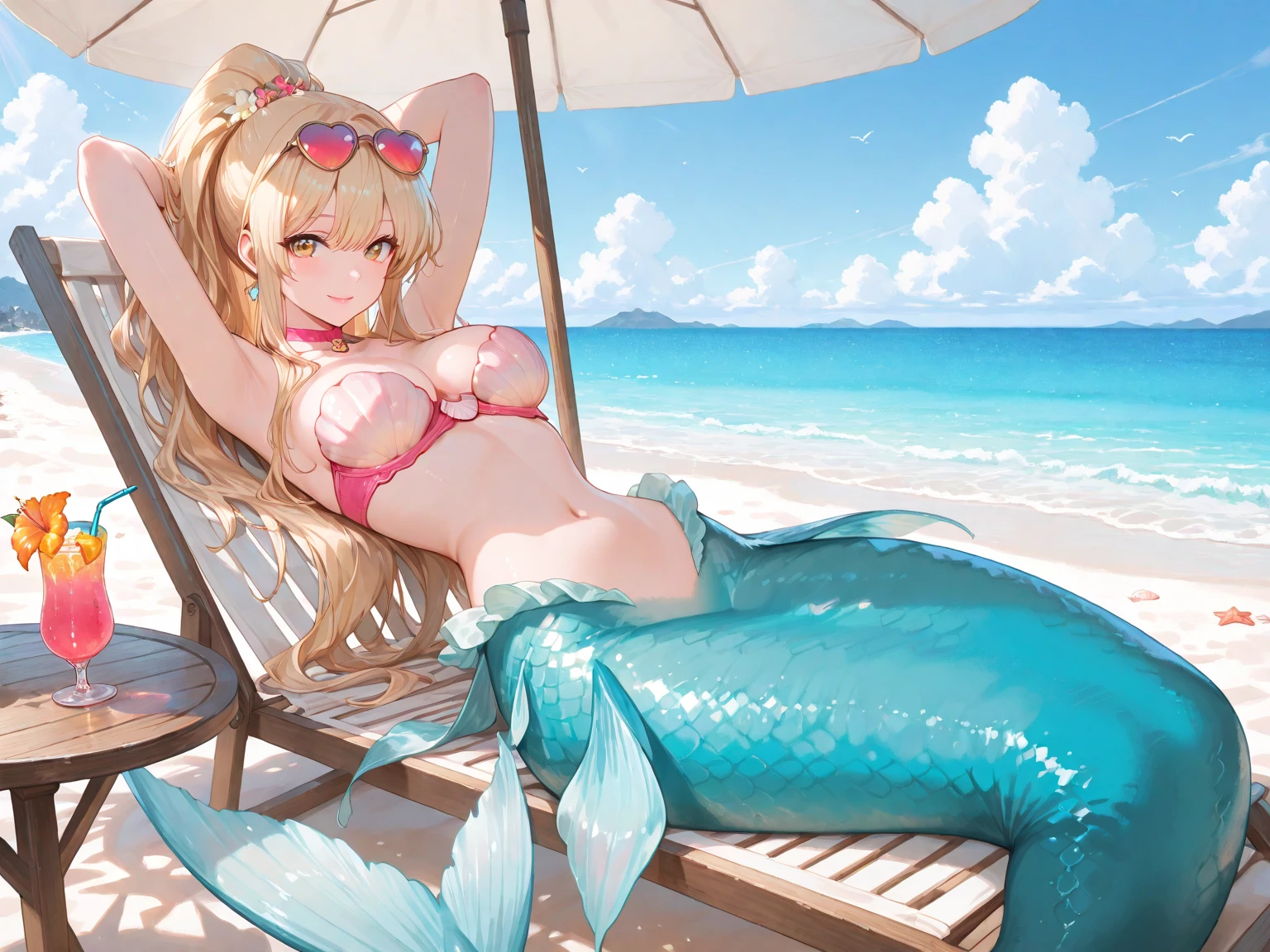 Anime girl. Long blonde hair. red eyes. Wet skin. Nude, no clothing. Massive breasts. nipples. Laying on back. Vulva, vagina. Beach. Ocean. Water. Wet skin. Arms above head. Sunbathing. Tanning. Lamia. Snake tail.