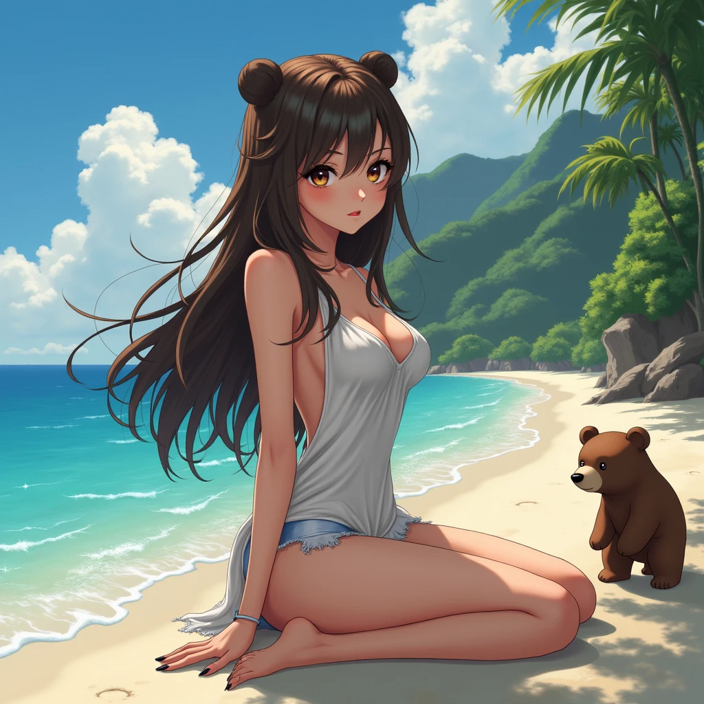 A girl with a very muscular body, brown hair and blue eyes, a very big ass and defined abs, big and healthy arms. , very muscular bikini legs 