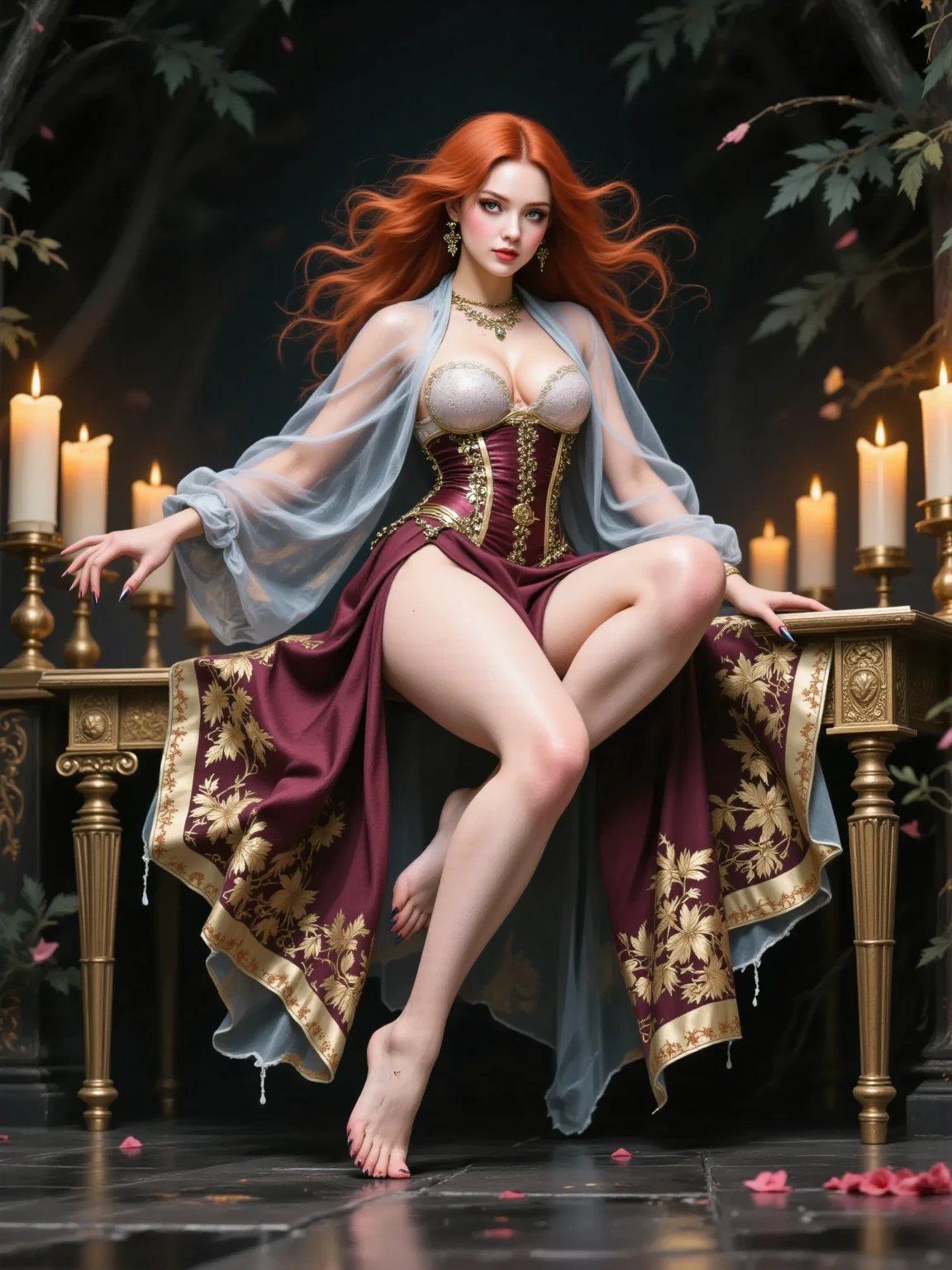 1girl, long_hair, bright_hair_color, seductive_eyes, mysterious_expression, mature_appearance, glamorous_outfit, flowing_dress, elegant_jewelry, intricate_embellishments, magic_symbols, glowing_accessories, potions, scrolls, cute_accents, bows, ribbons, flowers,