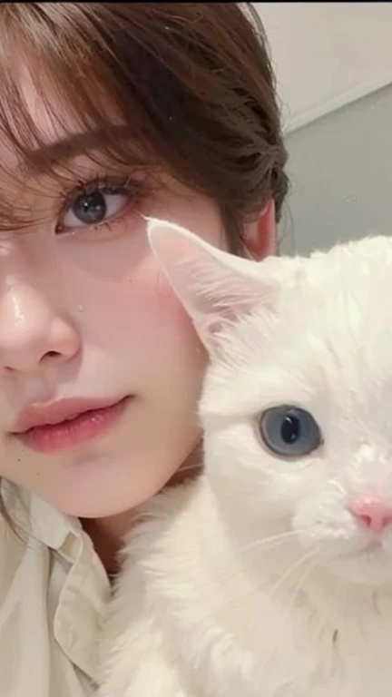 White cat,Cute girl,Cover half of your face